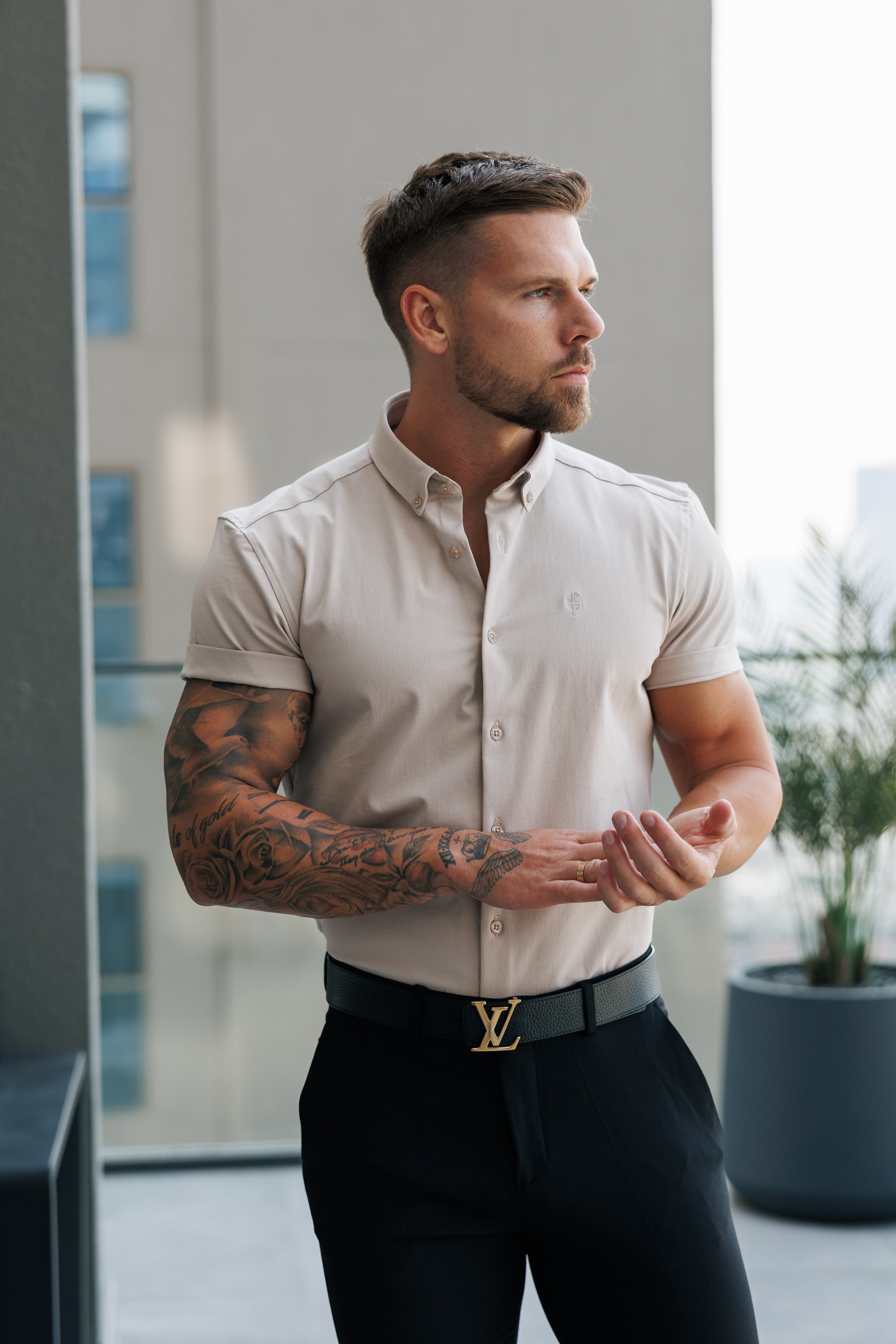 Super Slim Stretch Beige Short Sleeve with Button Down Collar - FS1098