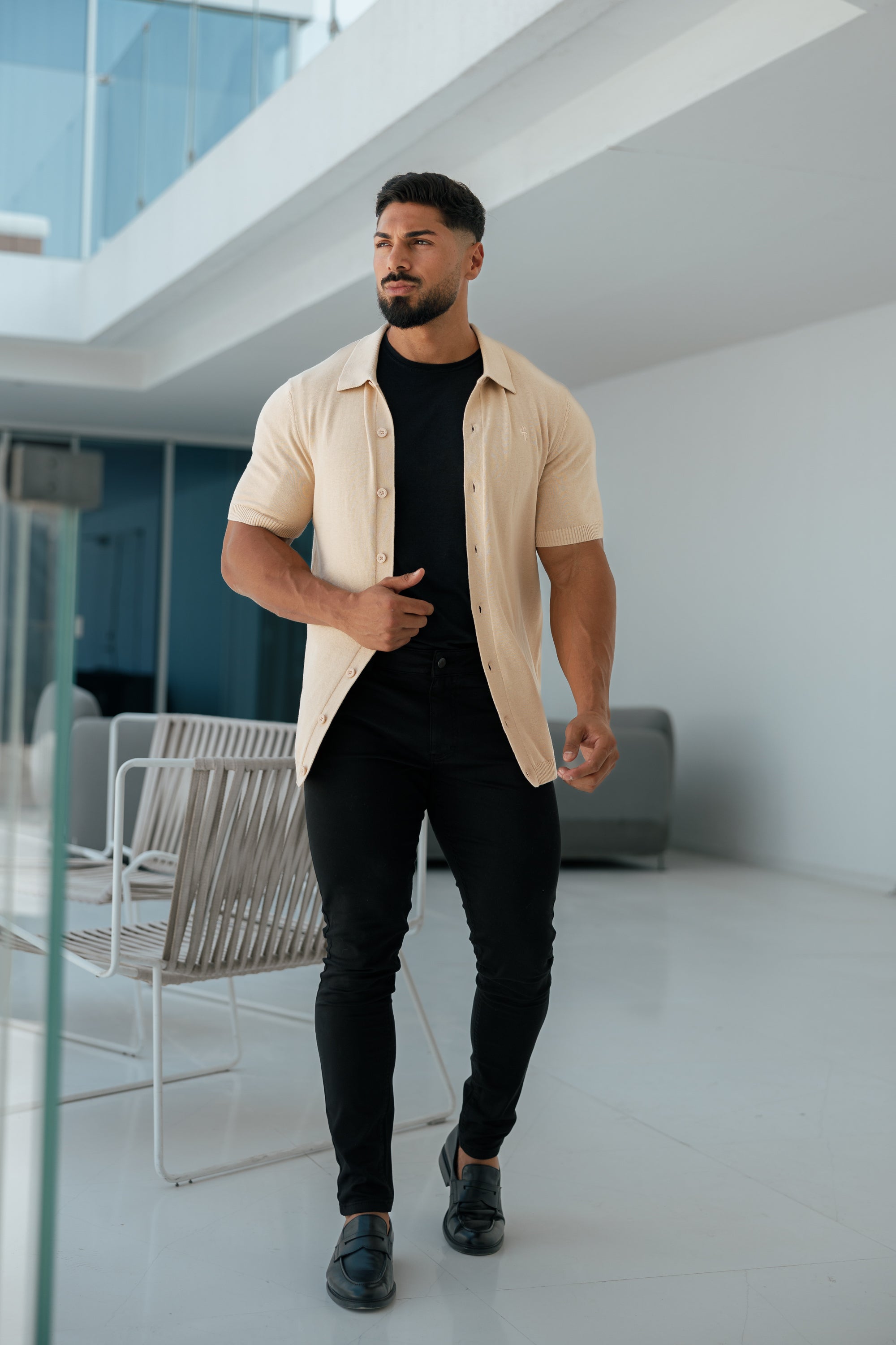 Classic Plain Beige Knitted Button Through Polo Short Sleeve - FSN104