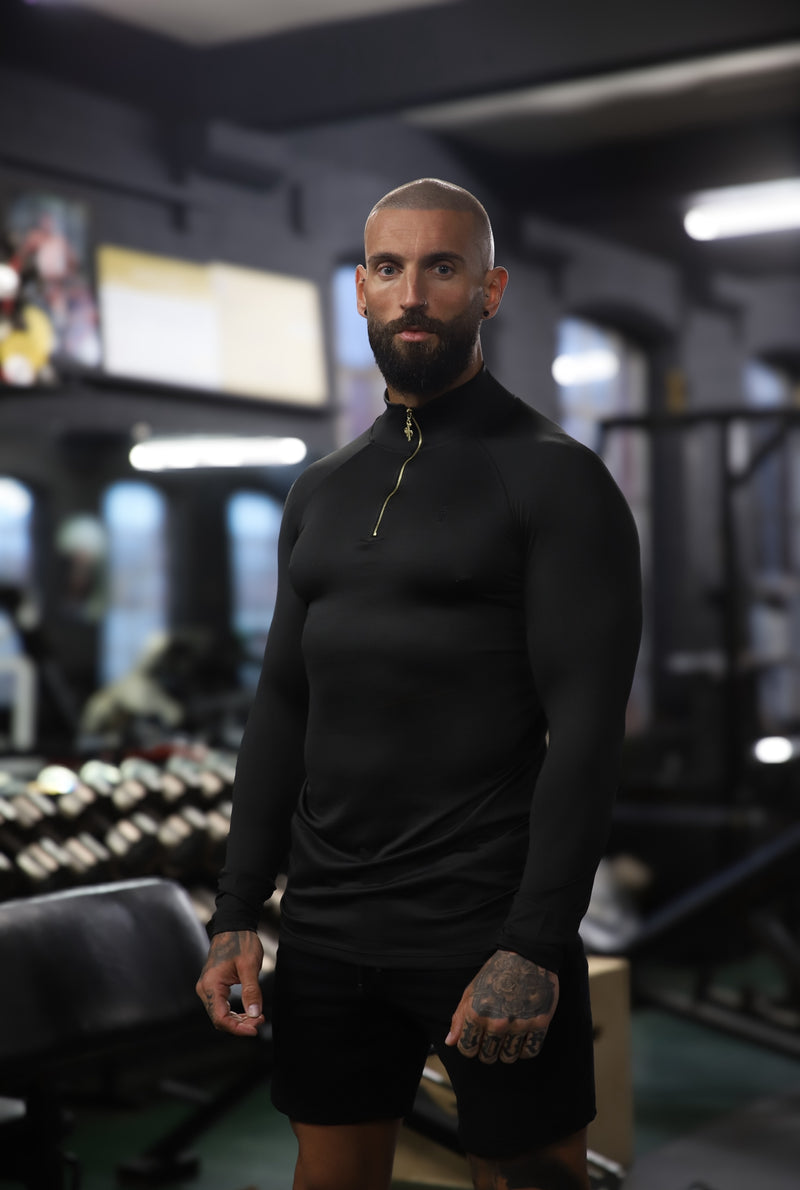 Father Sons Long Sleeve Solid Black / Gold Half Zip Gym Top - FSH887