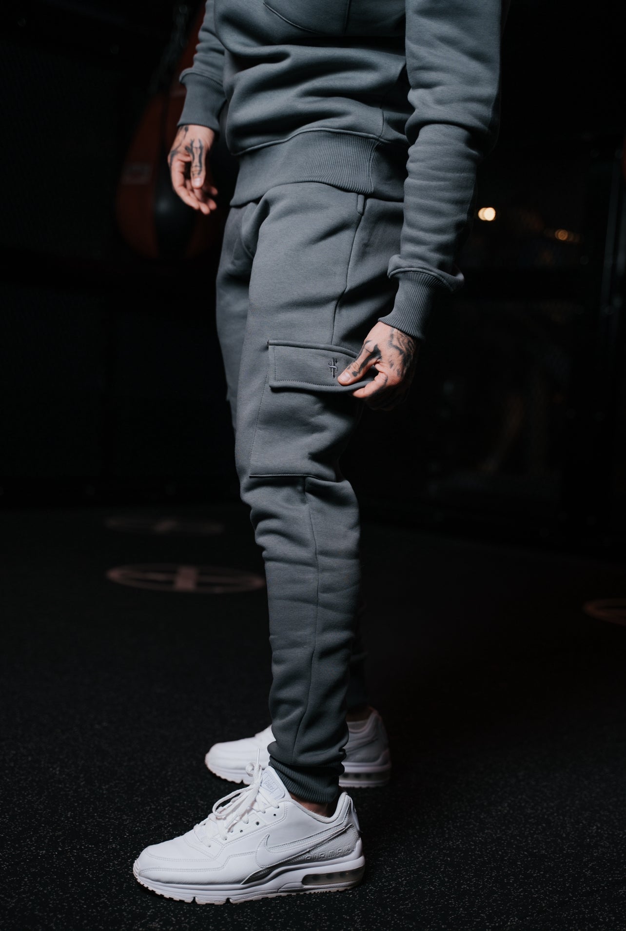 Dark Grey Cargo Tracksuit Bottoms With Pockets, Cuffed Hem and FS Embroidery - FSH938