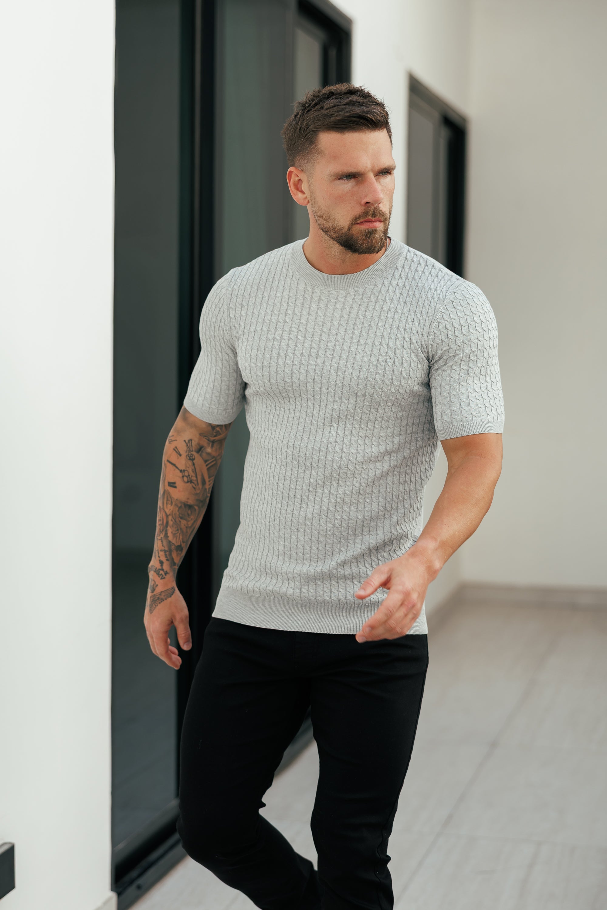 Front Chain Knit Crew Tshirt Silver Grey Short Sleeve  -  FSR056