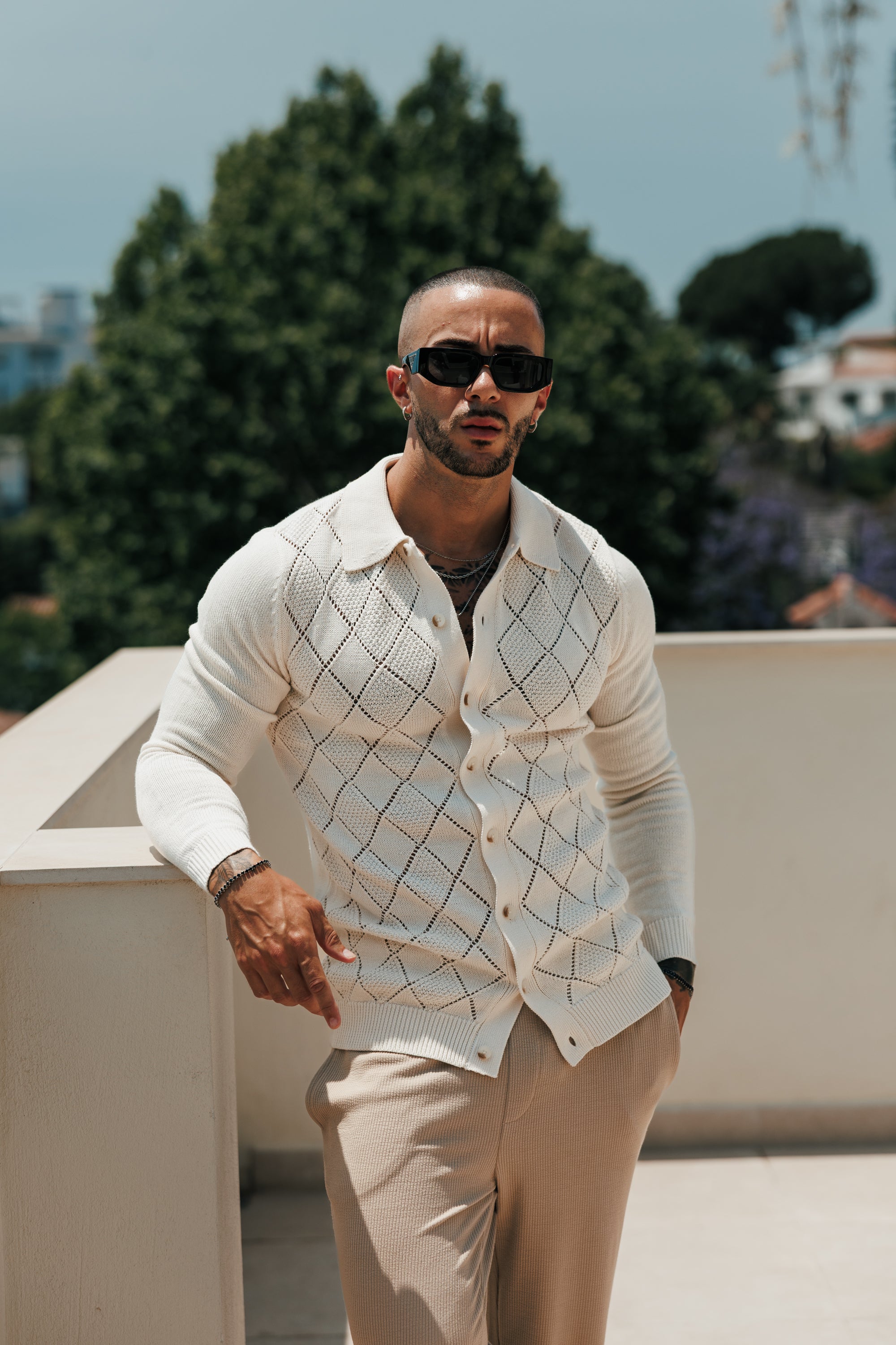 Cream Diamond Perforated Shirt Long Sleeve - FSA018 (PRE ORDER 31ST AUGUST)