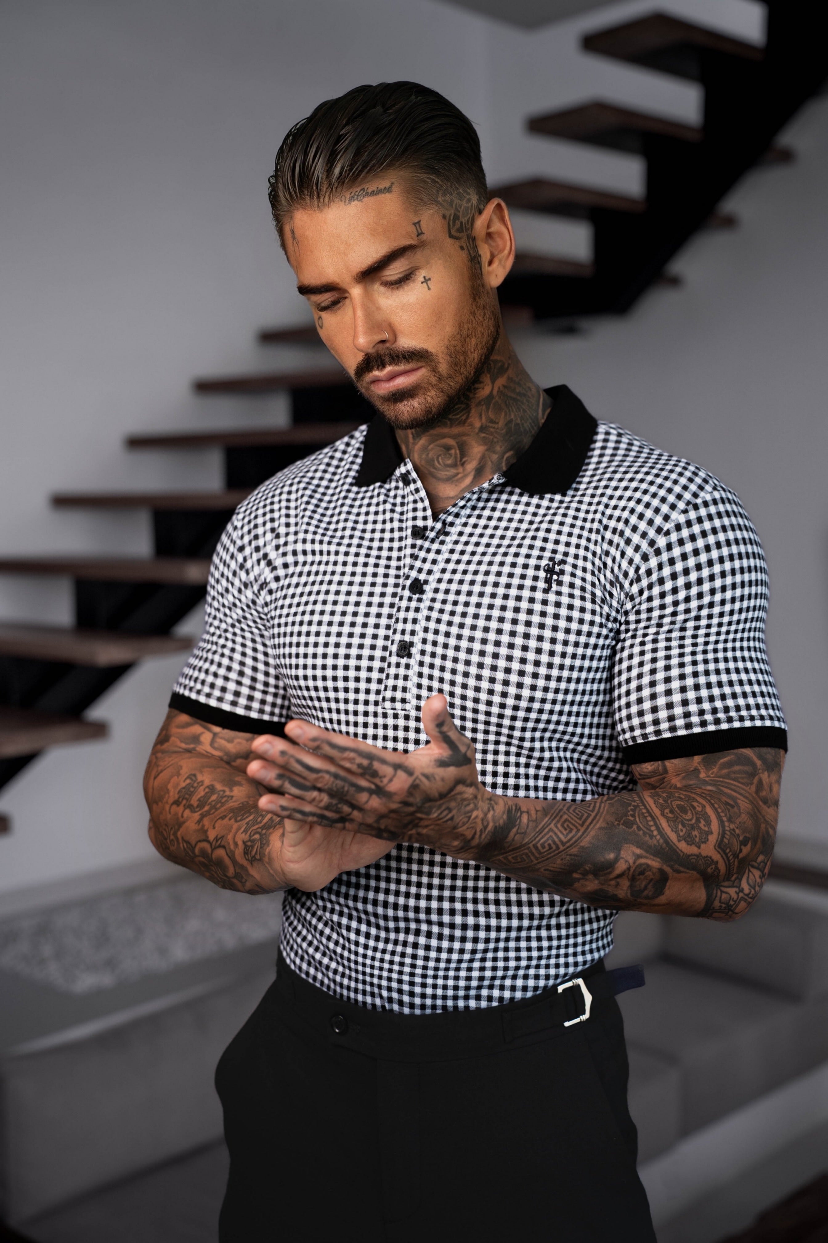 Black / White Printed Check Polo Shirt - FSH1260