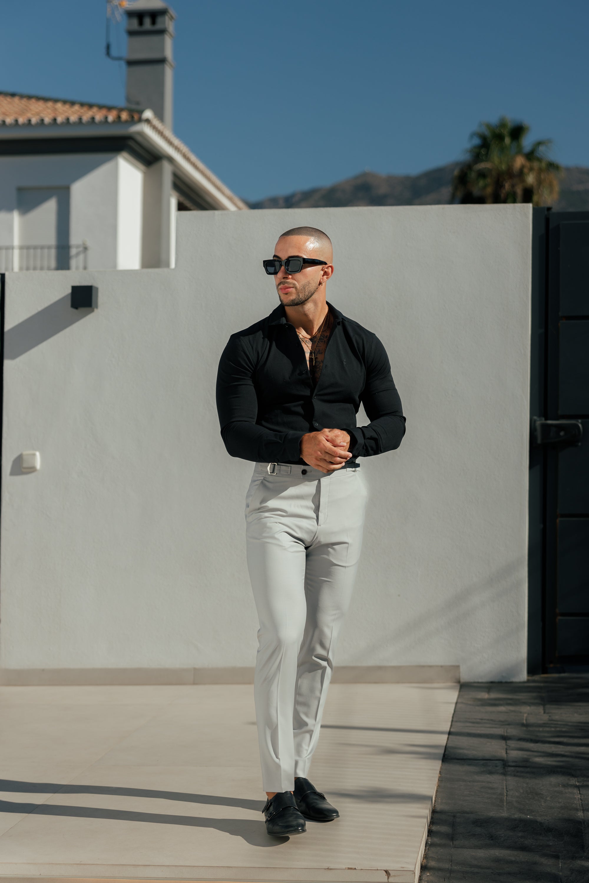 Super Slim Stretch Black Side Panel Shirt LS - FS1087