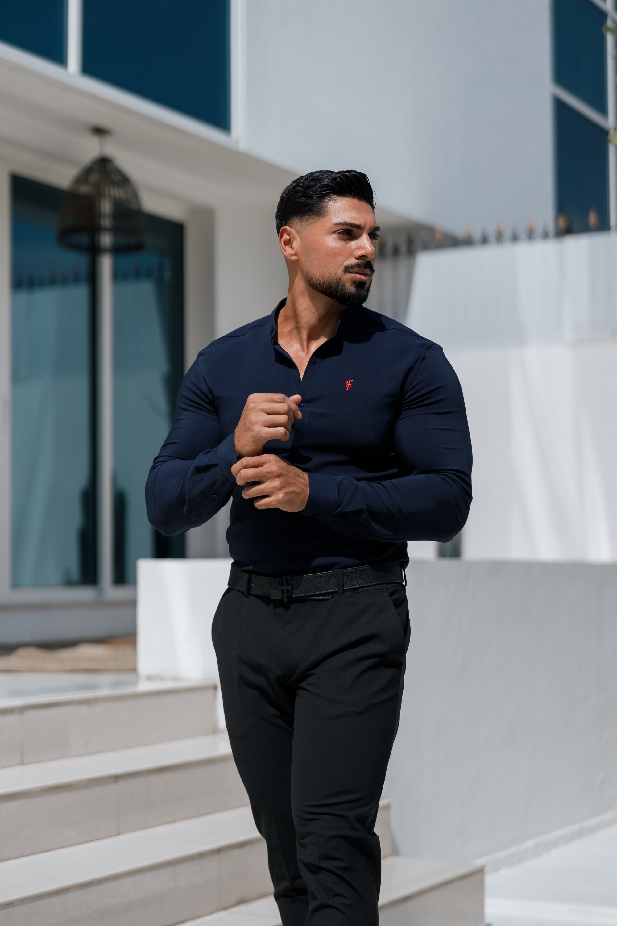 Super Slim Scuba Navy / Red Long Sleeve Stretch with Grandad Collar - FS1000