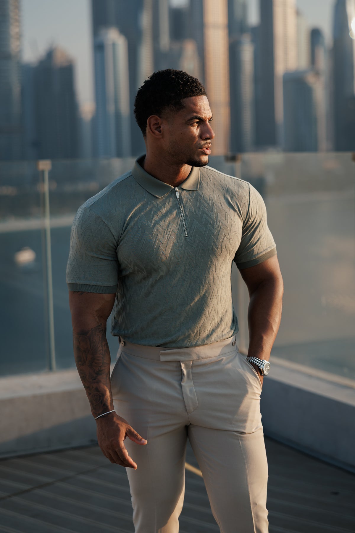 Classic Jacquard Olive Chevron Zipped Polo - FSR060