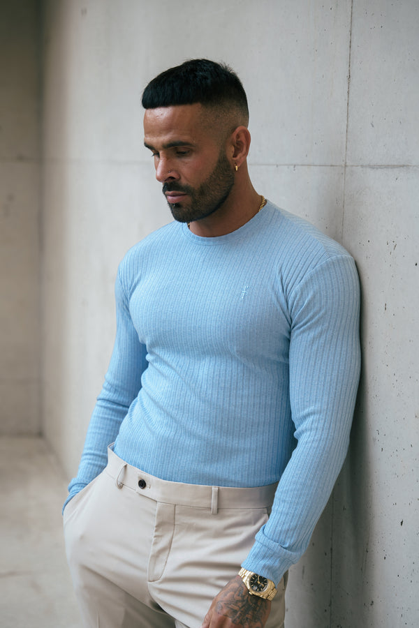 Father Sons Classic Light Blue Ribbed Knit Jumper With Tonal Embroidery - FSH1286 (PRE ORDER 30TH NOVEMBER)