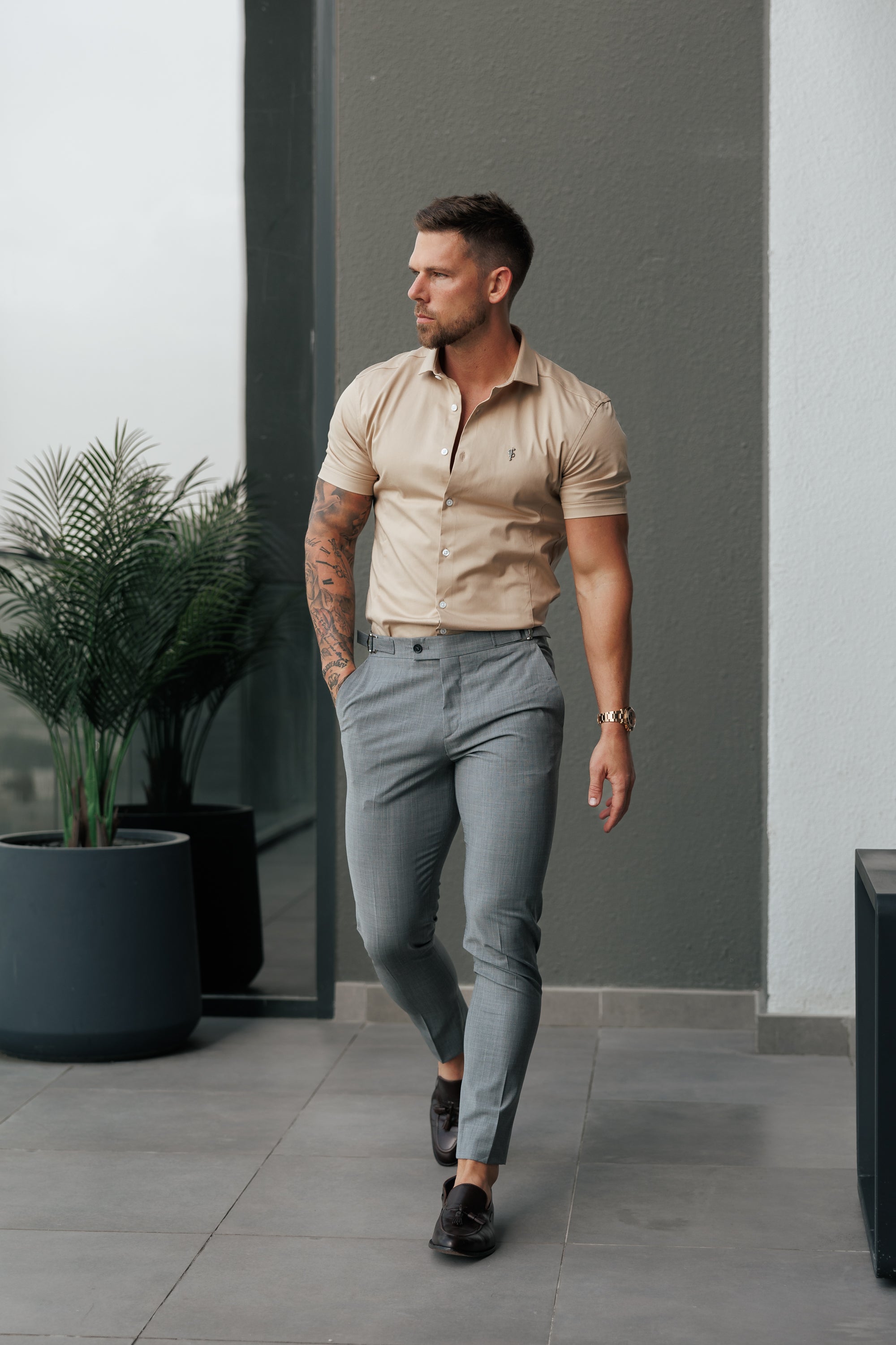 Super Slim Stretch Vintage Beige Side Panel Shirt SS - FS1138
