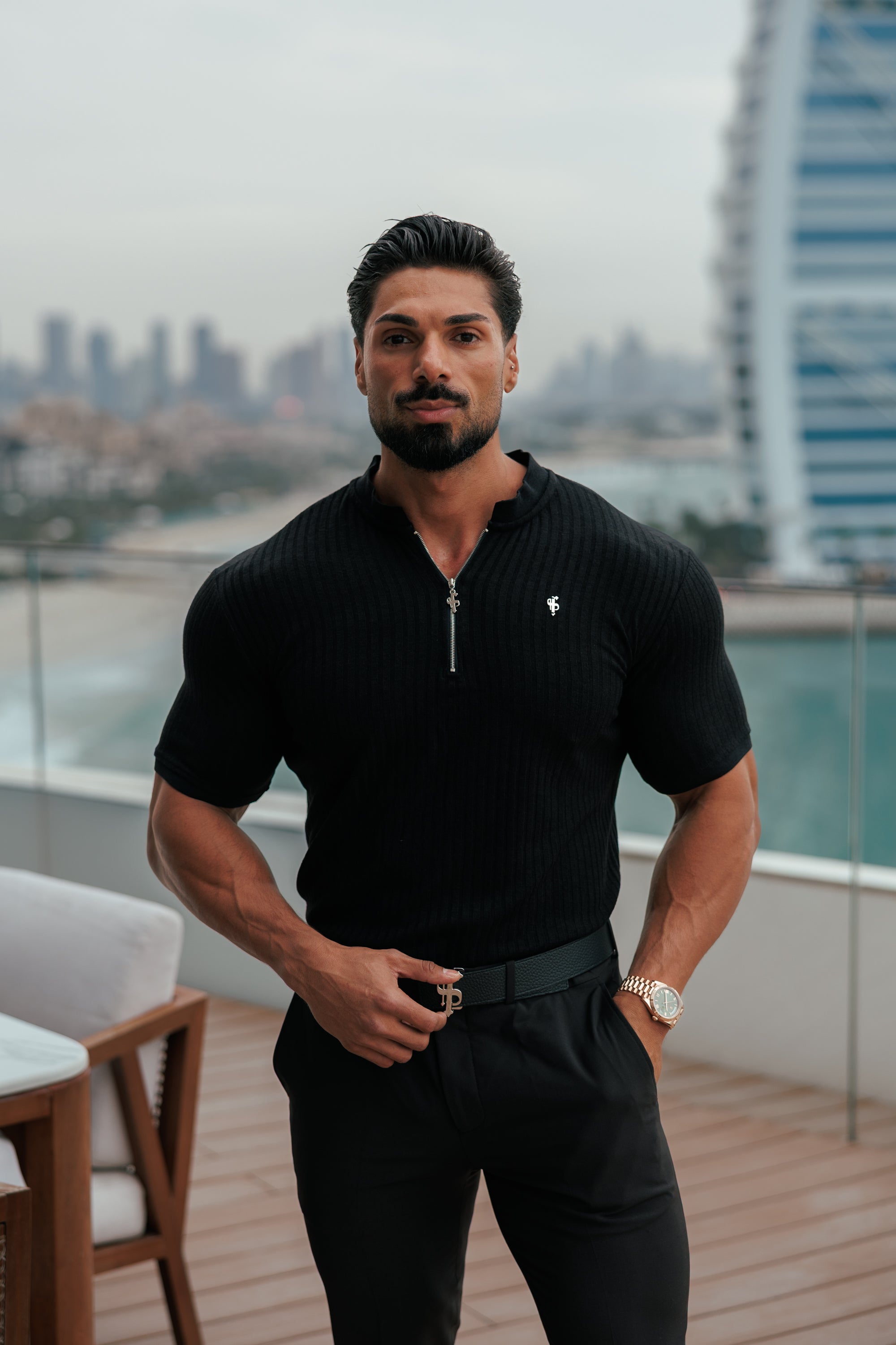 Super Slim Black / Silver  Ribbed Zip Grandad Collar Shirt Short Sleeve - FSH1445