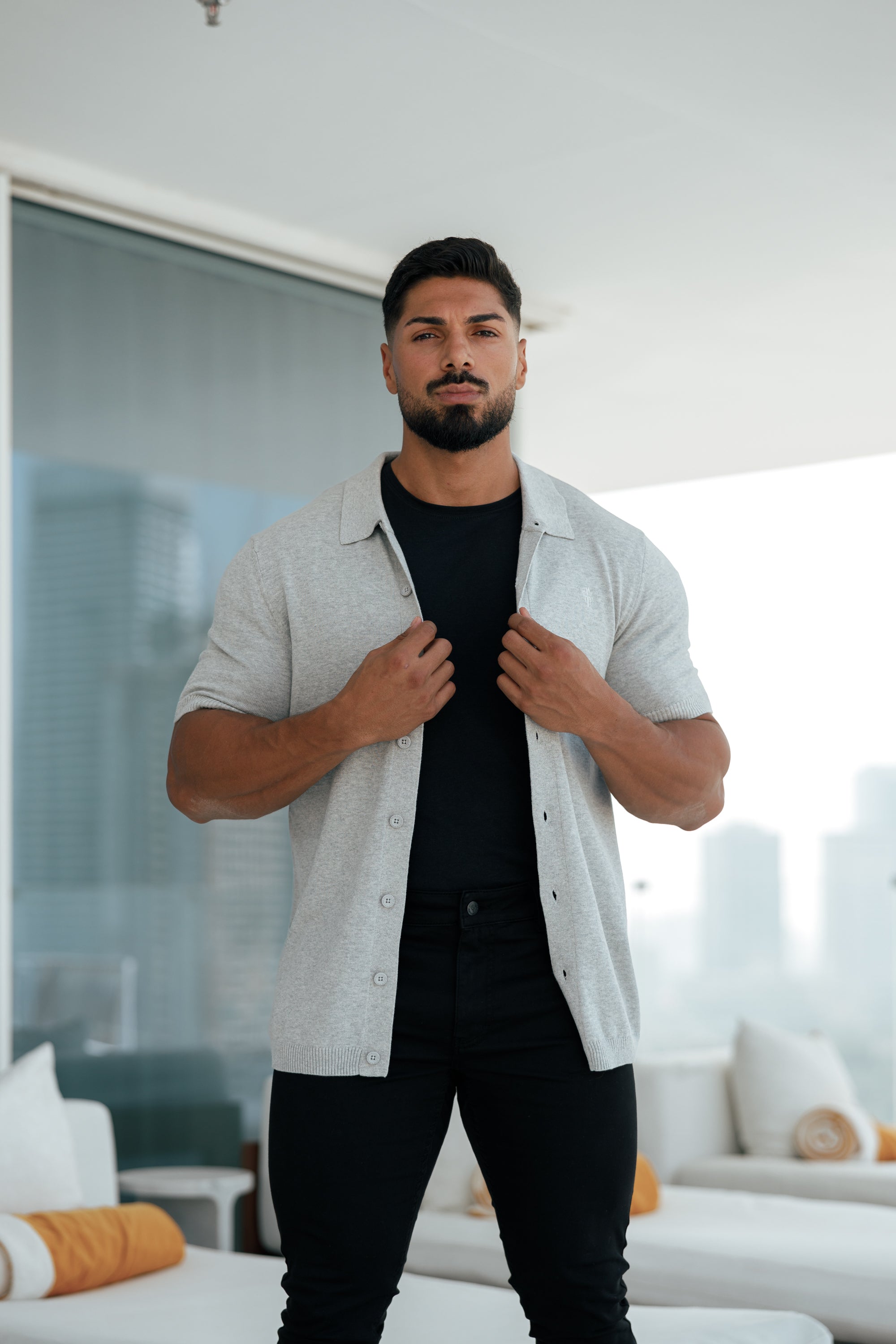 Classic Plain Light Grey Knitted Button Through Polo Short Sleeve - FSN102