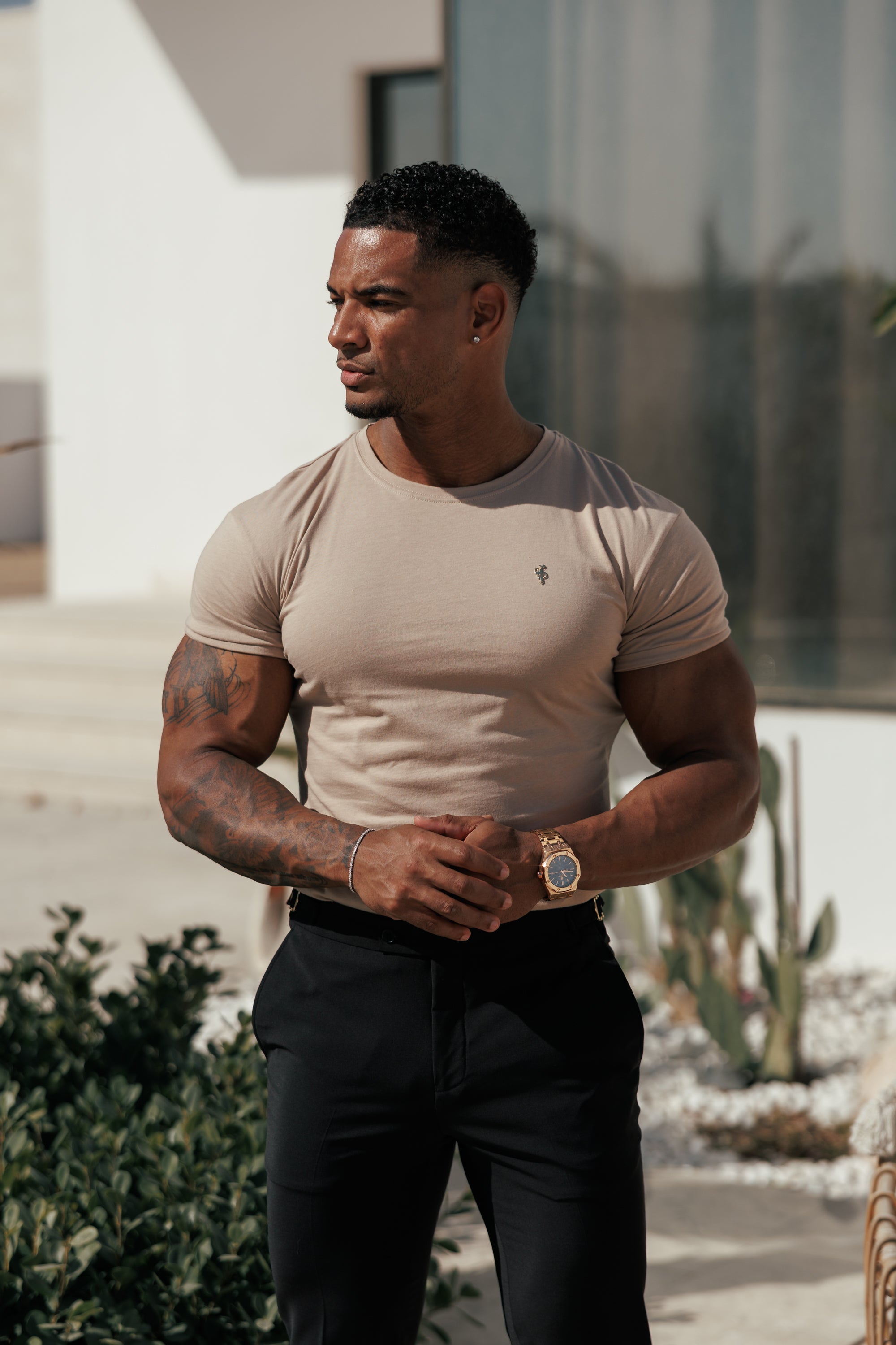 Beige / Gold Crew Tshirt with Gold Metal Emblem Decal FSH1455