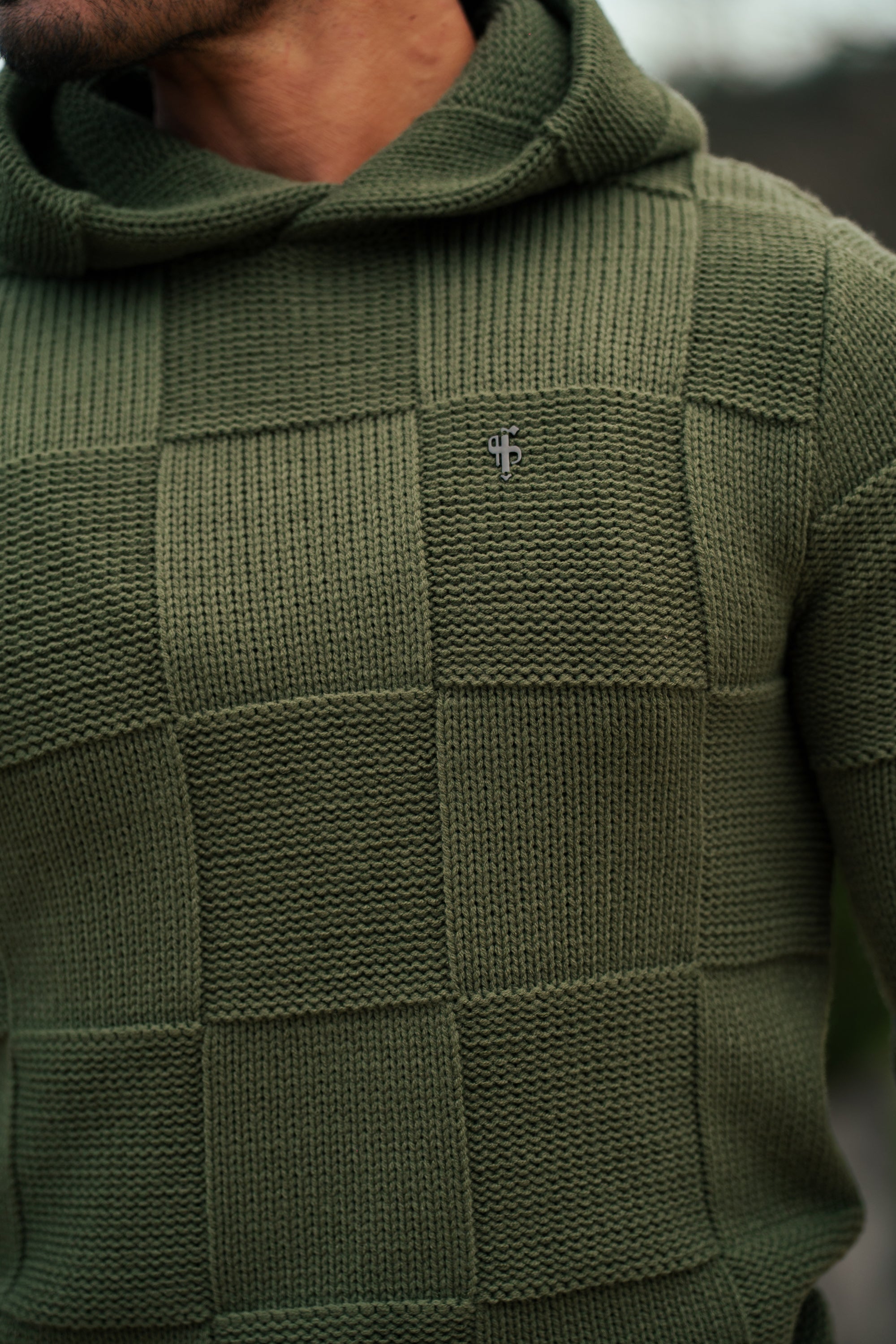 Olive Checkerboard Knitted Hoodie - FSJ137