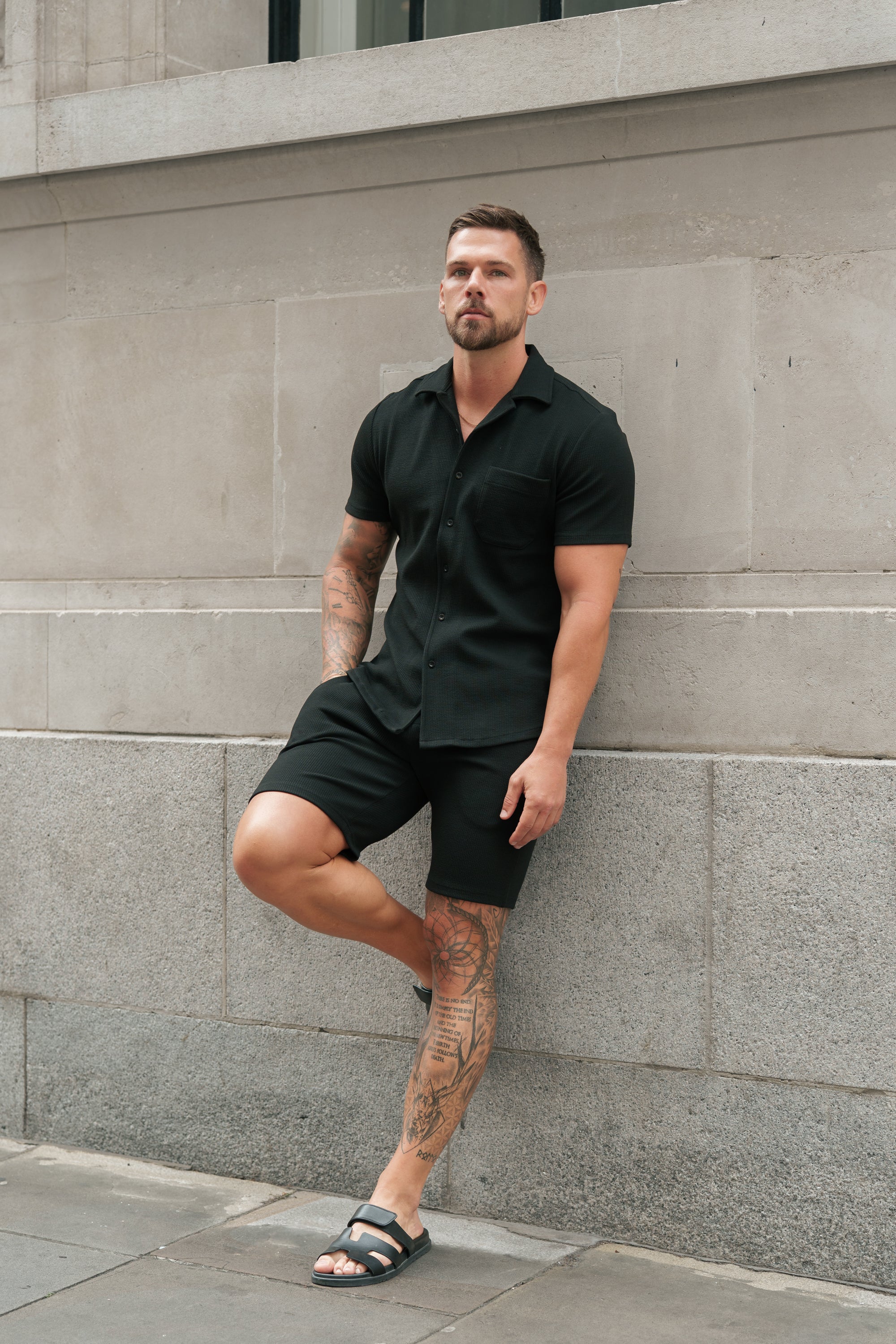 Jersey Cord Stretch Black Revere Shirt Short Sleeve - FSR018