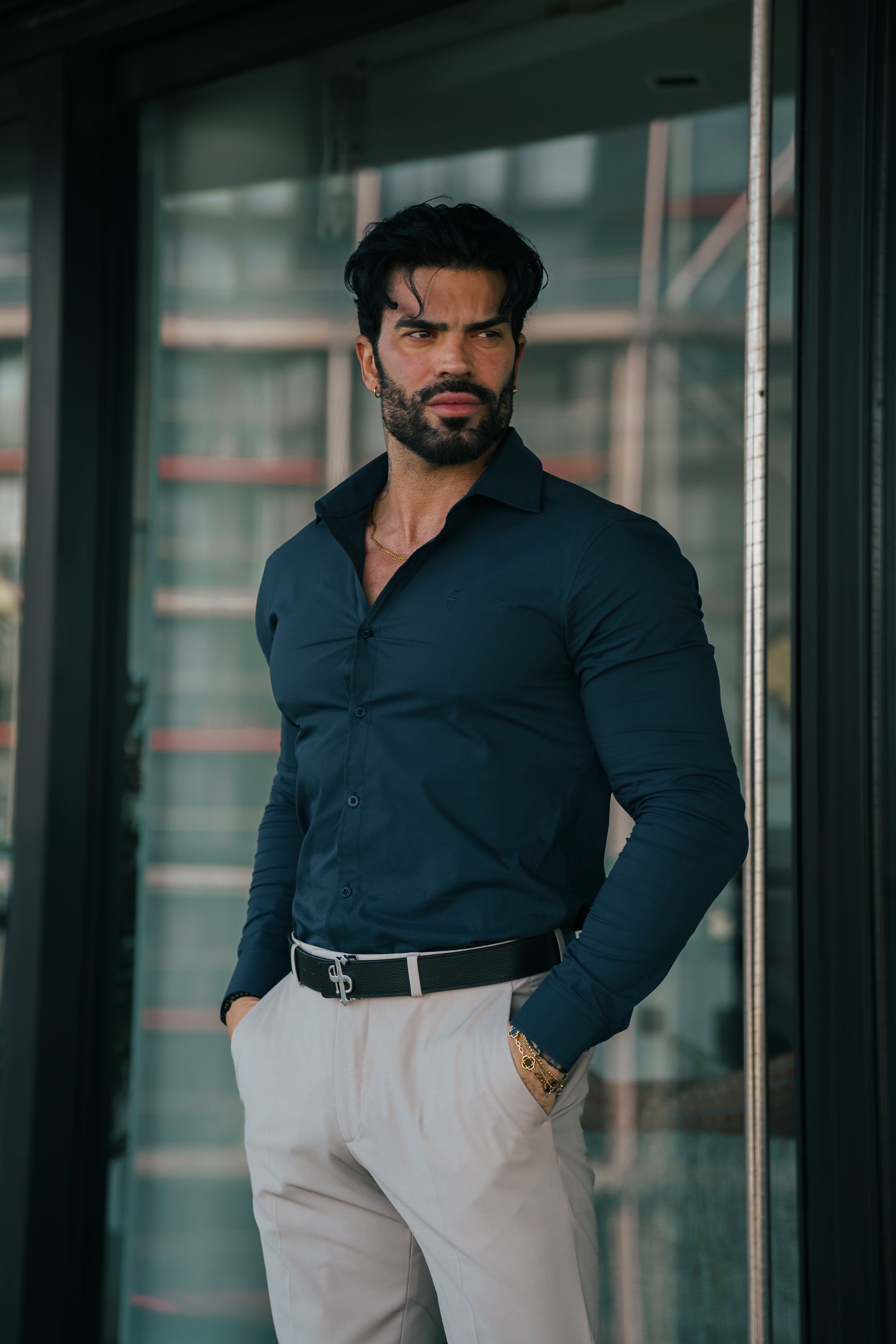 Muscle Fit Advanced Stretch Navy with Cutaway Collar  - FS1168