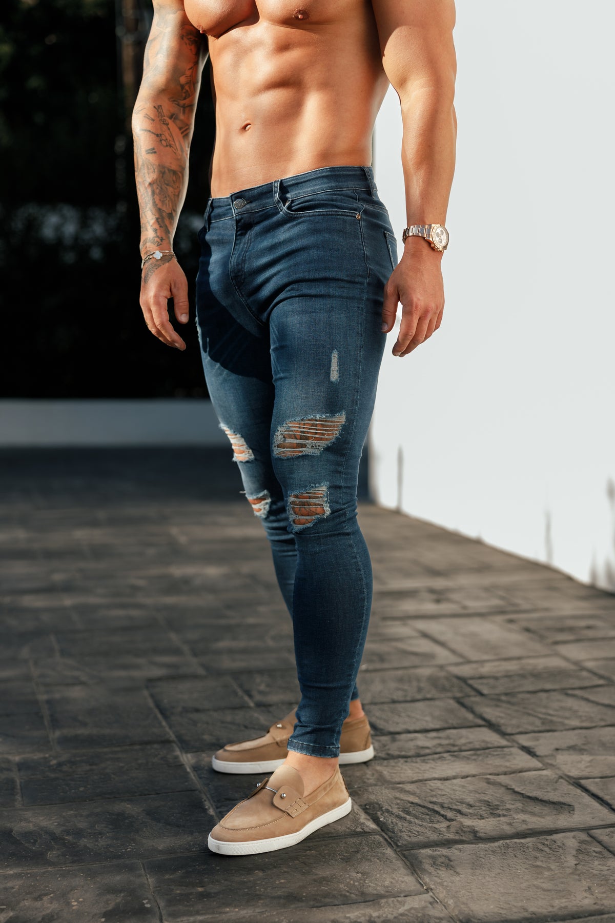 Ultra Stretch Mid Blue Slim Jeans with Distressed Rips - FSJEAN013