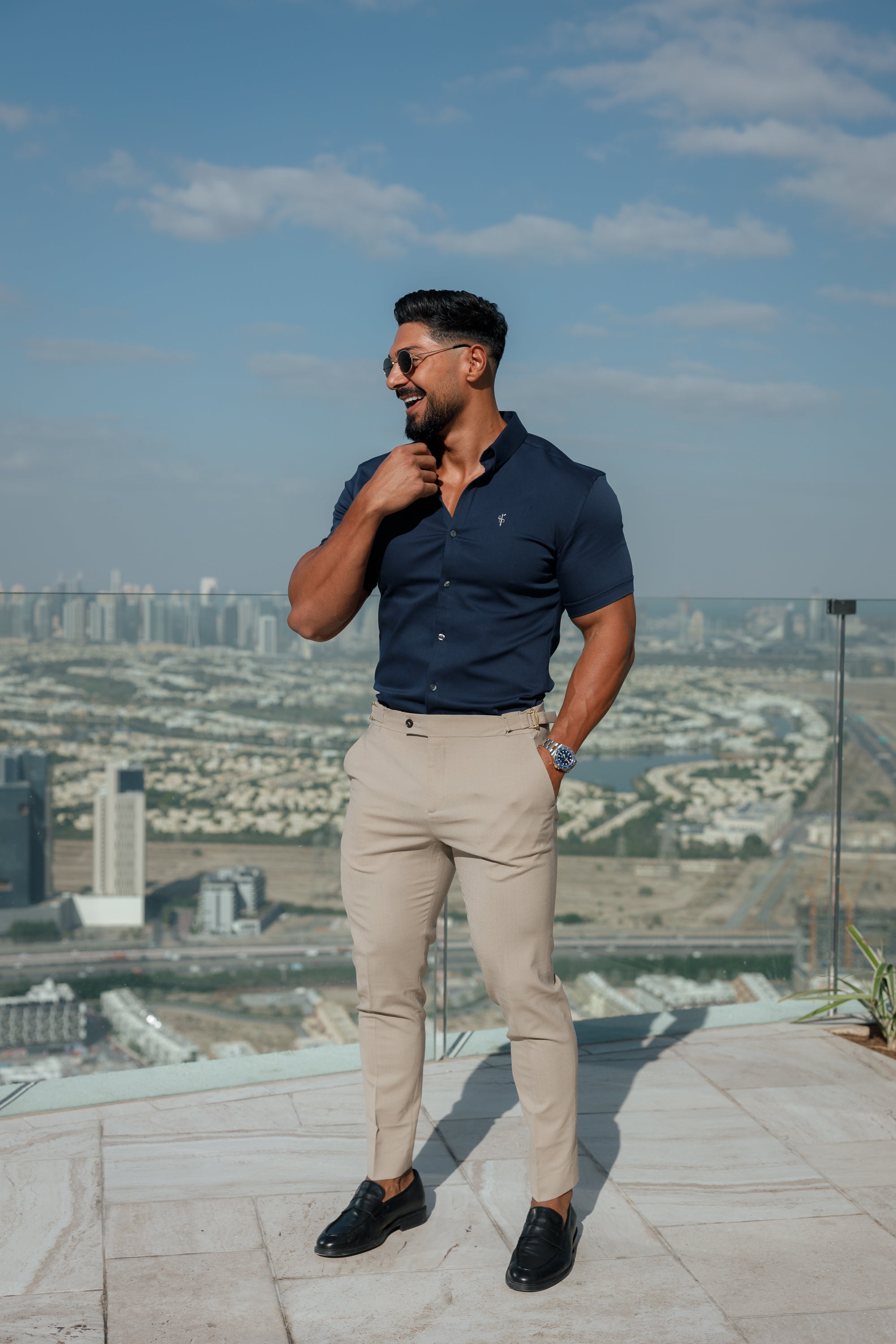 Super Slim Stretch New Navy Denim Short Sleeve With Button Down Collar - FS1019