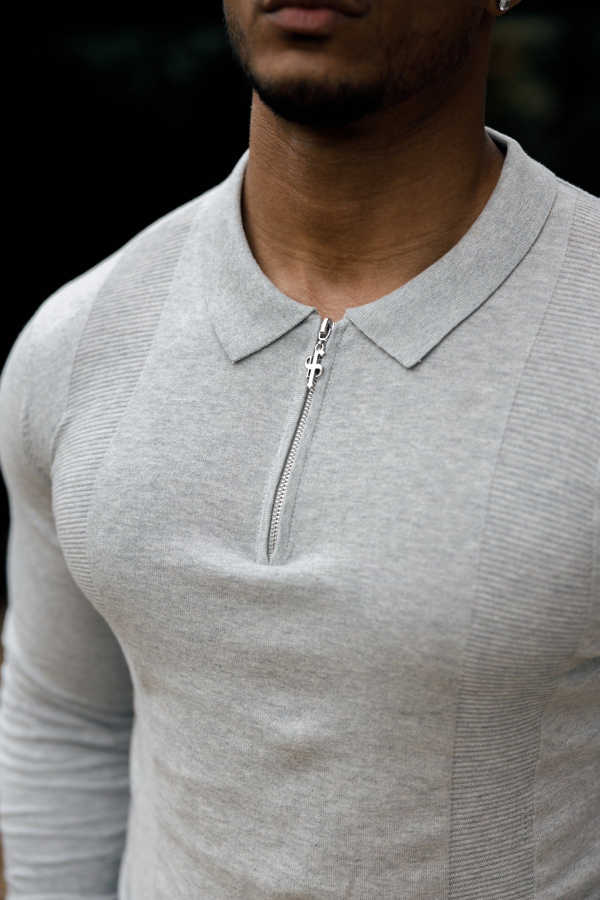 Classic Grey Marl and Silver Zip Knitted Polo Shirt Long Sleeve - FSN127