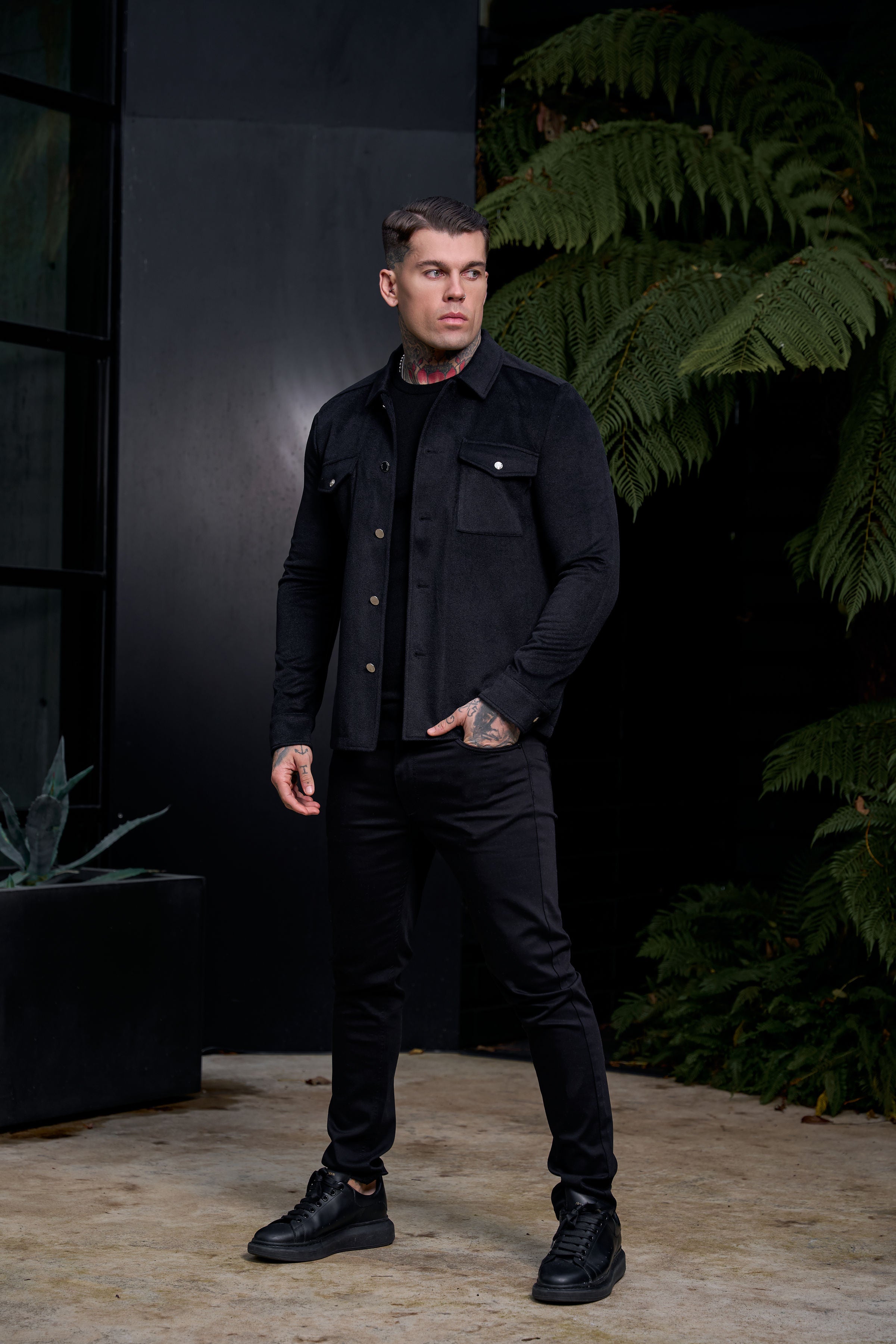 Brushed Button Up Plain Jacket Black - FSN182