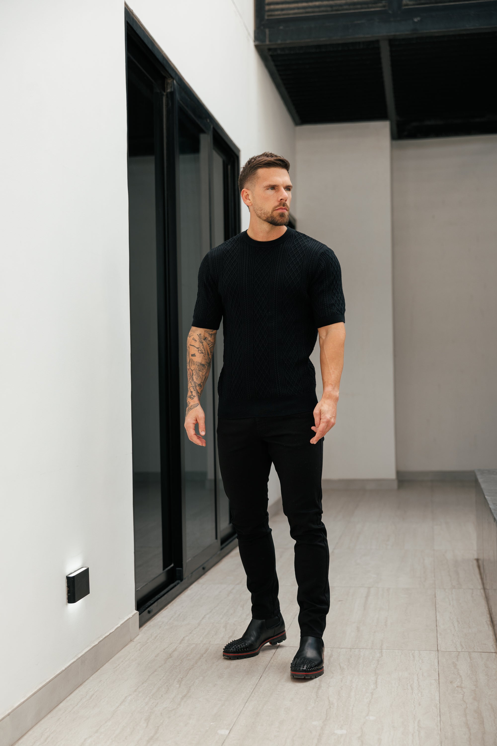 Fine Knit Diamond Black Jumper Short Sleeve - FSA010