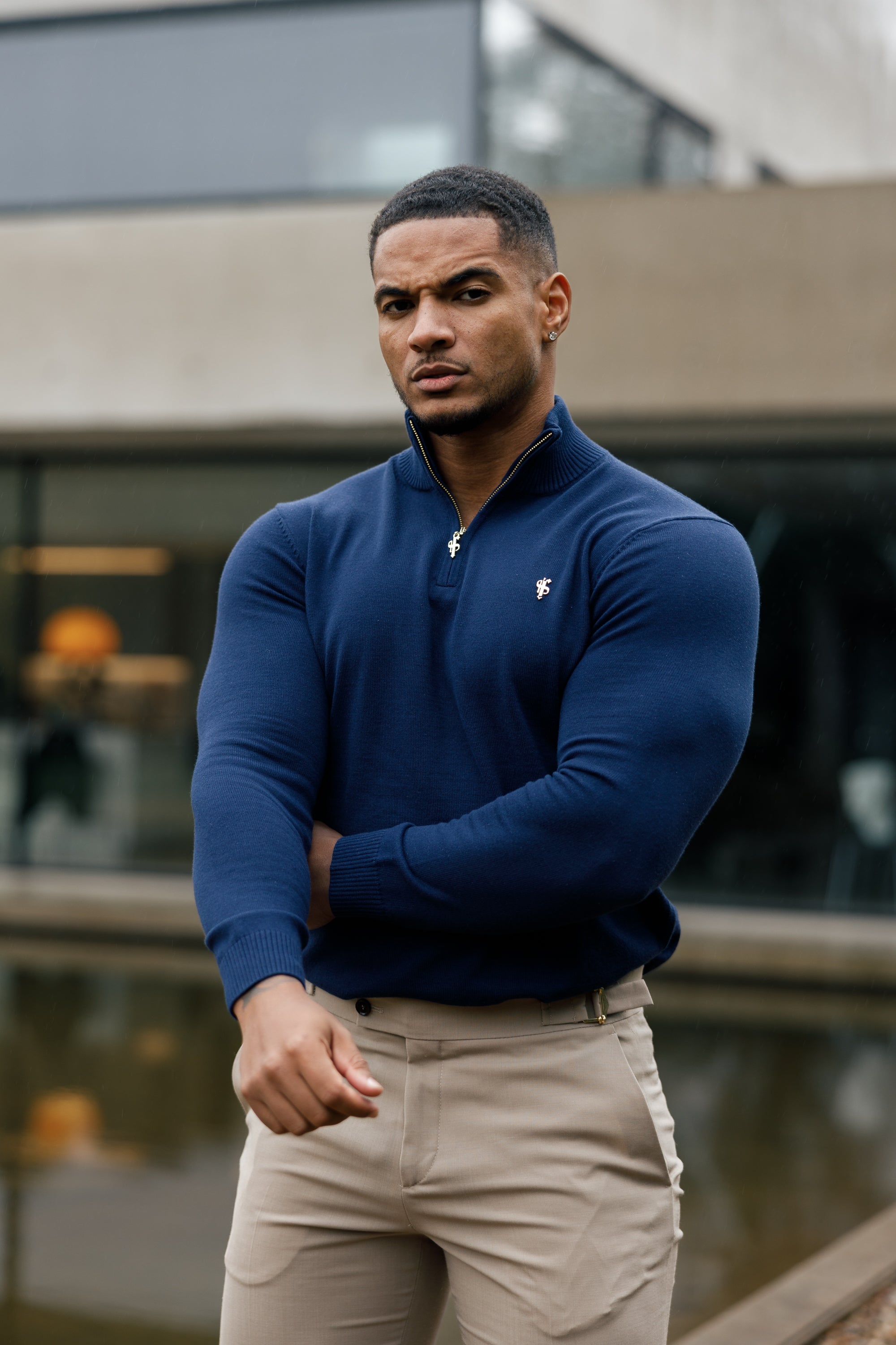 Navy Funnel Neck 1/2 Zip Knitted Jumper - FSN122