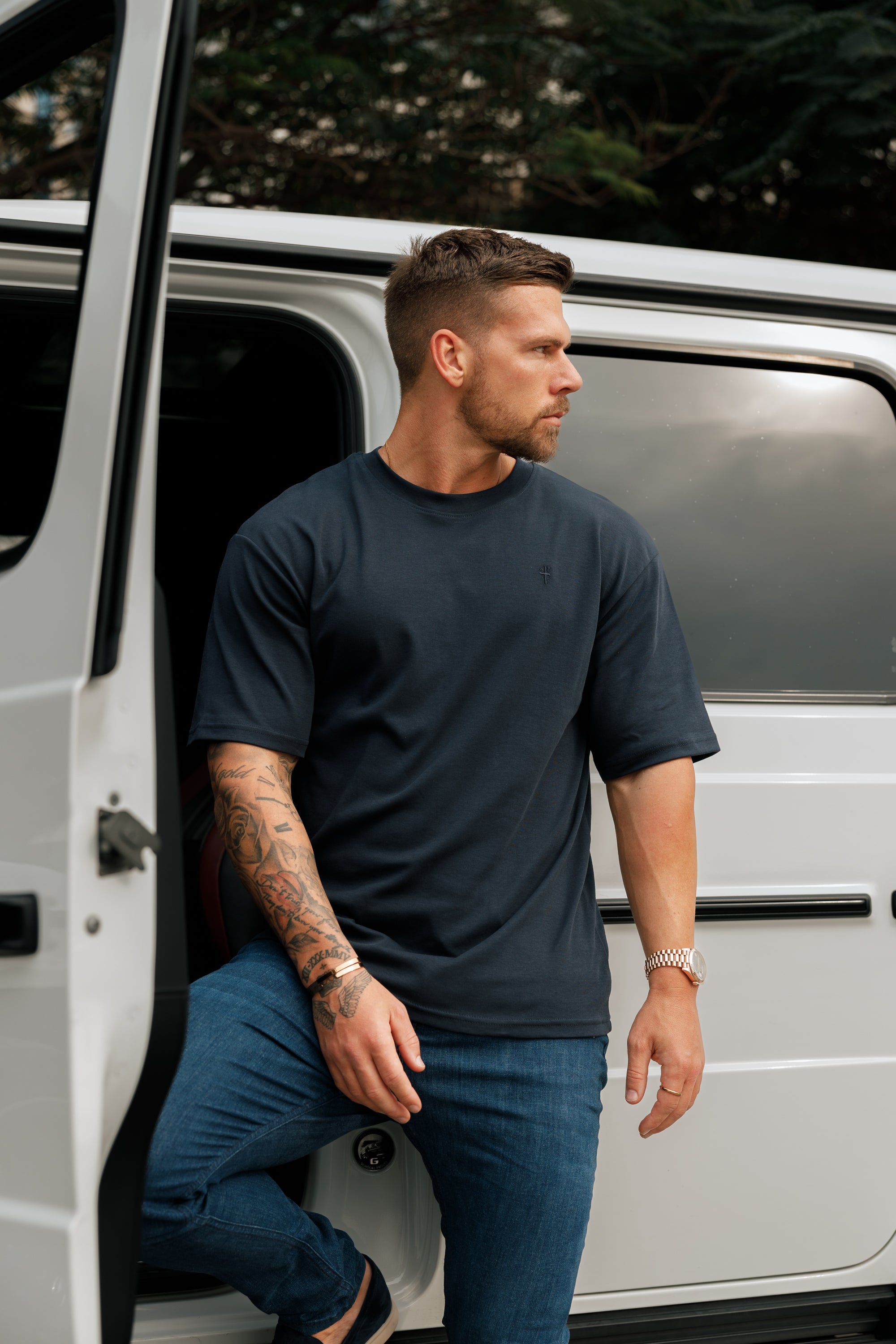 Classic Navy Oversized Crew T Shirt - FSH866