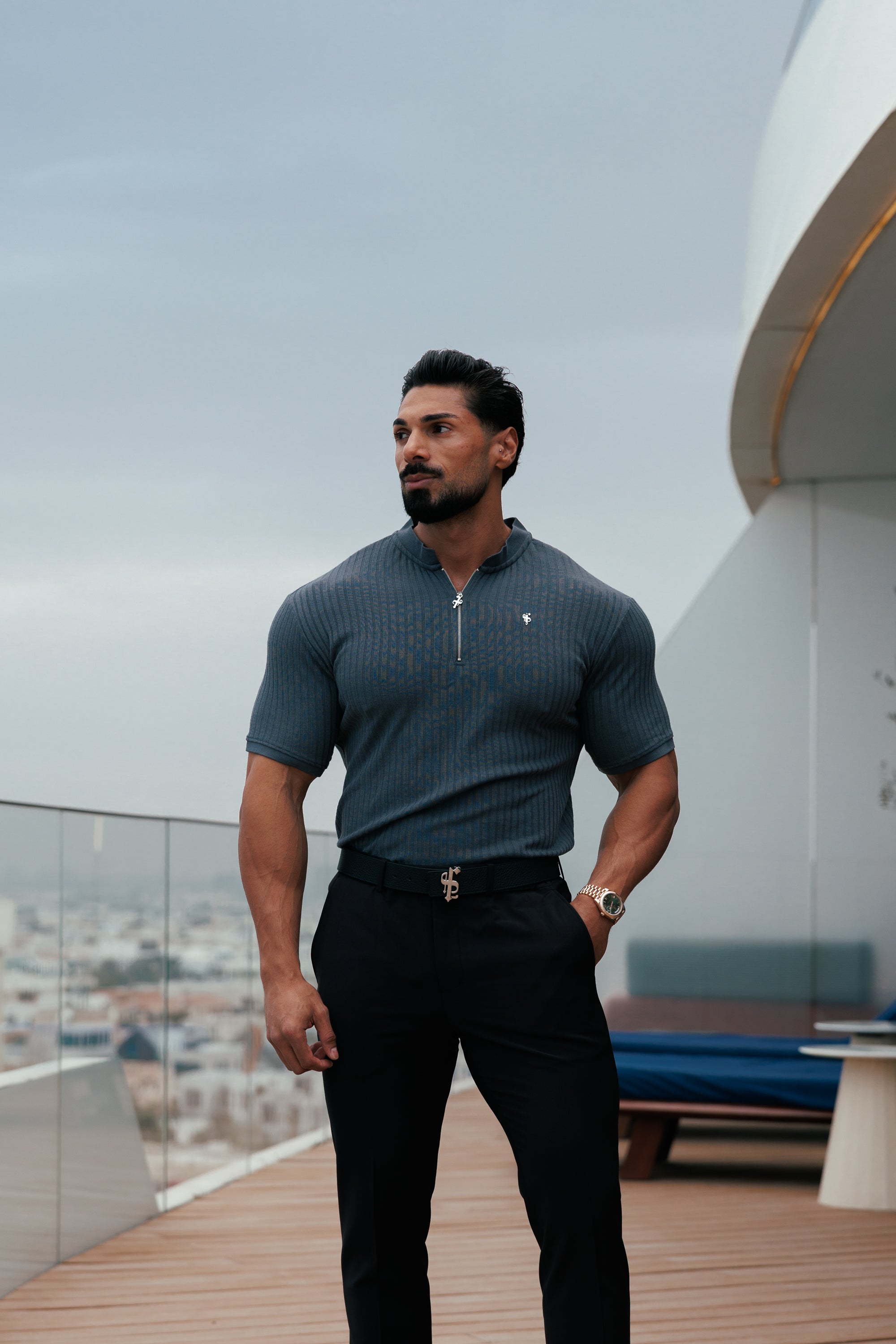 Classic Charcoal / Silver Ribbed Zip Grandad Collar Shirt Short Sleeve - FSH1448