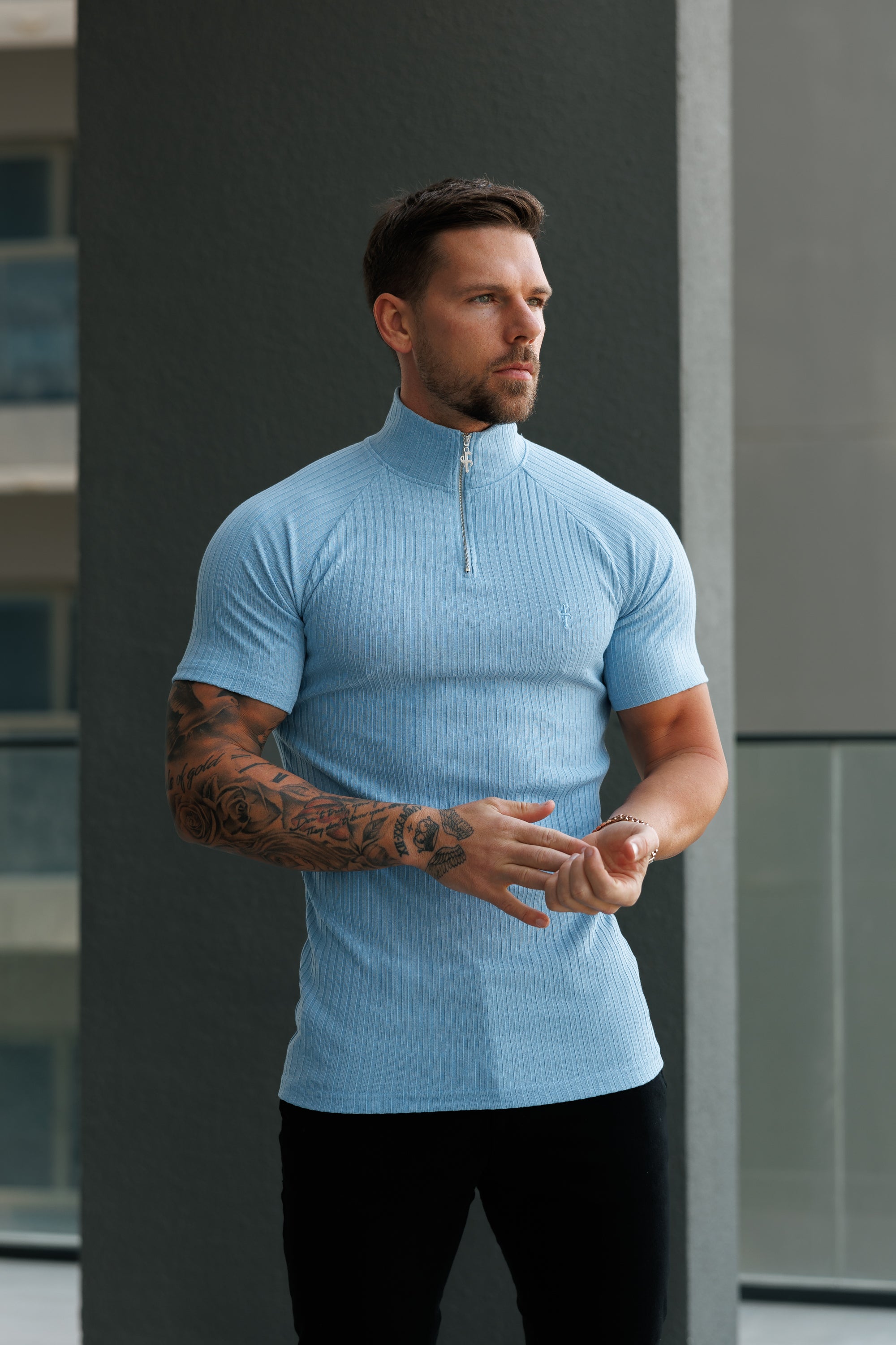 Classic Light Blue Ribbed Zip Funnel Neck Raglan Short Sleeve Crew - FSH1291