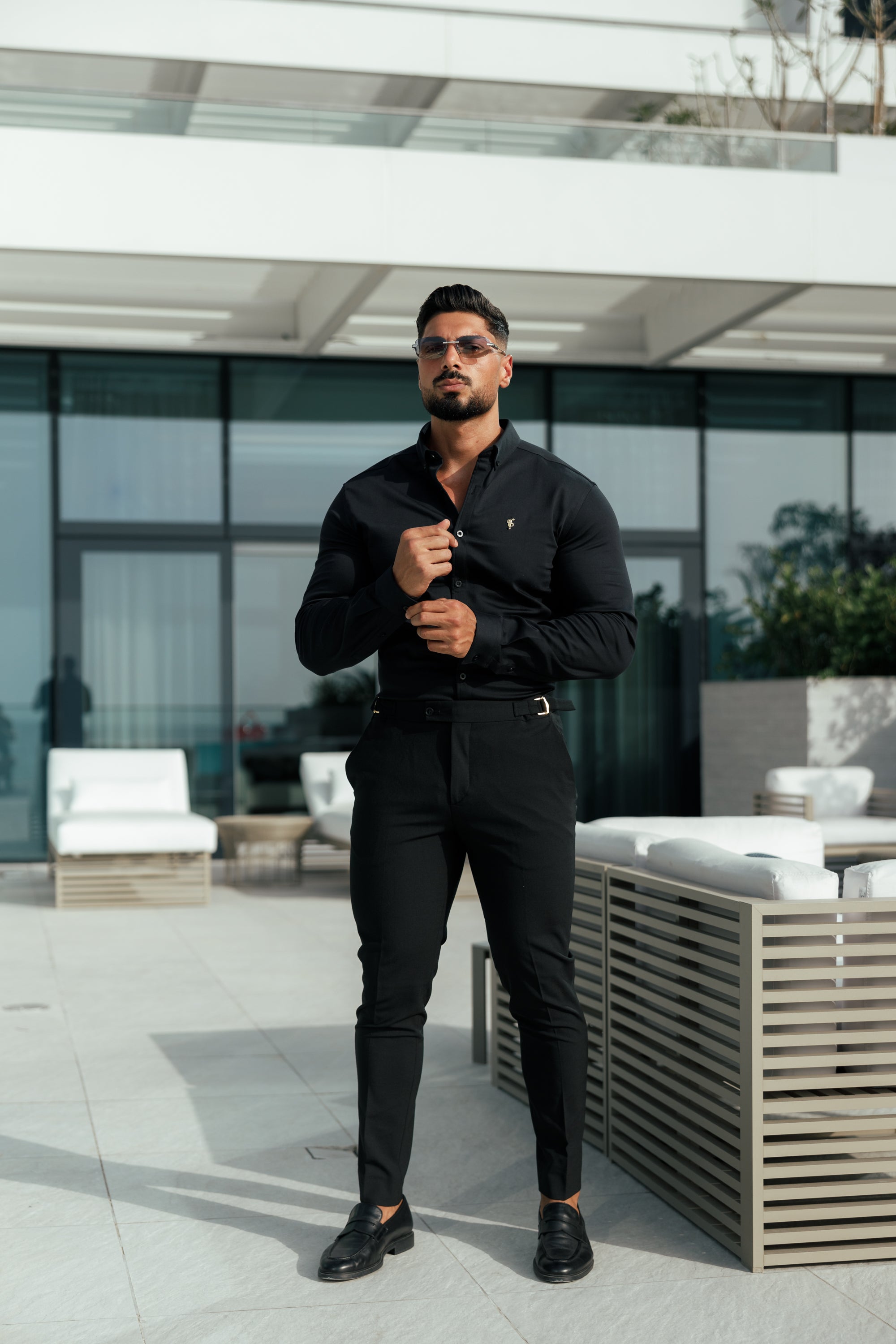 Slim Formal Black Stretch Trousers With Gold Waist Adjusters - FST036