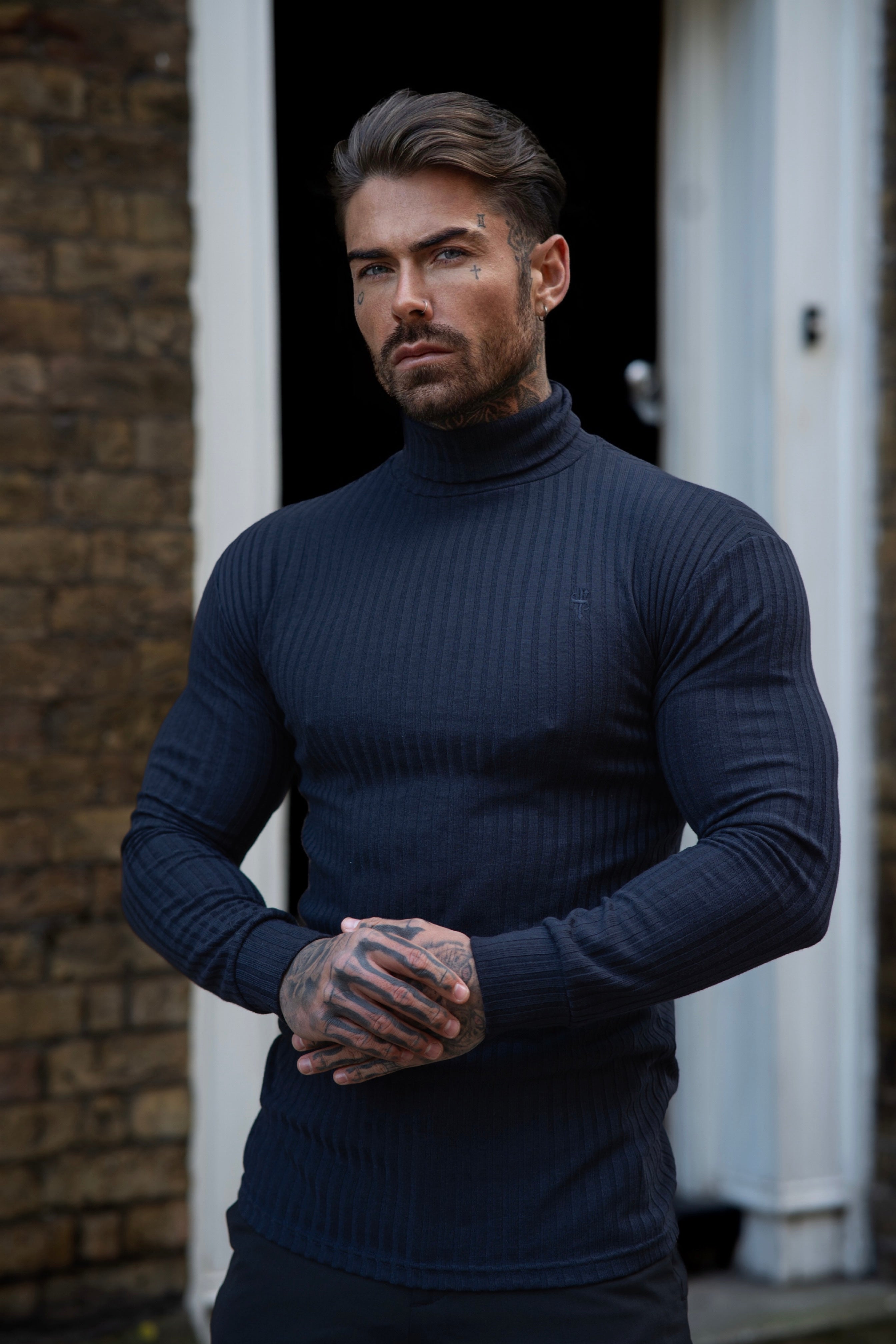 Classic Navy Ribbed Knit Roll-neck Jumper - FSH957