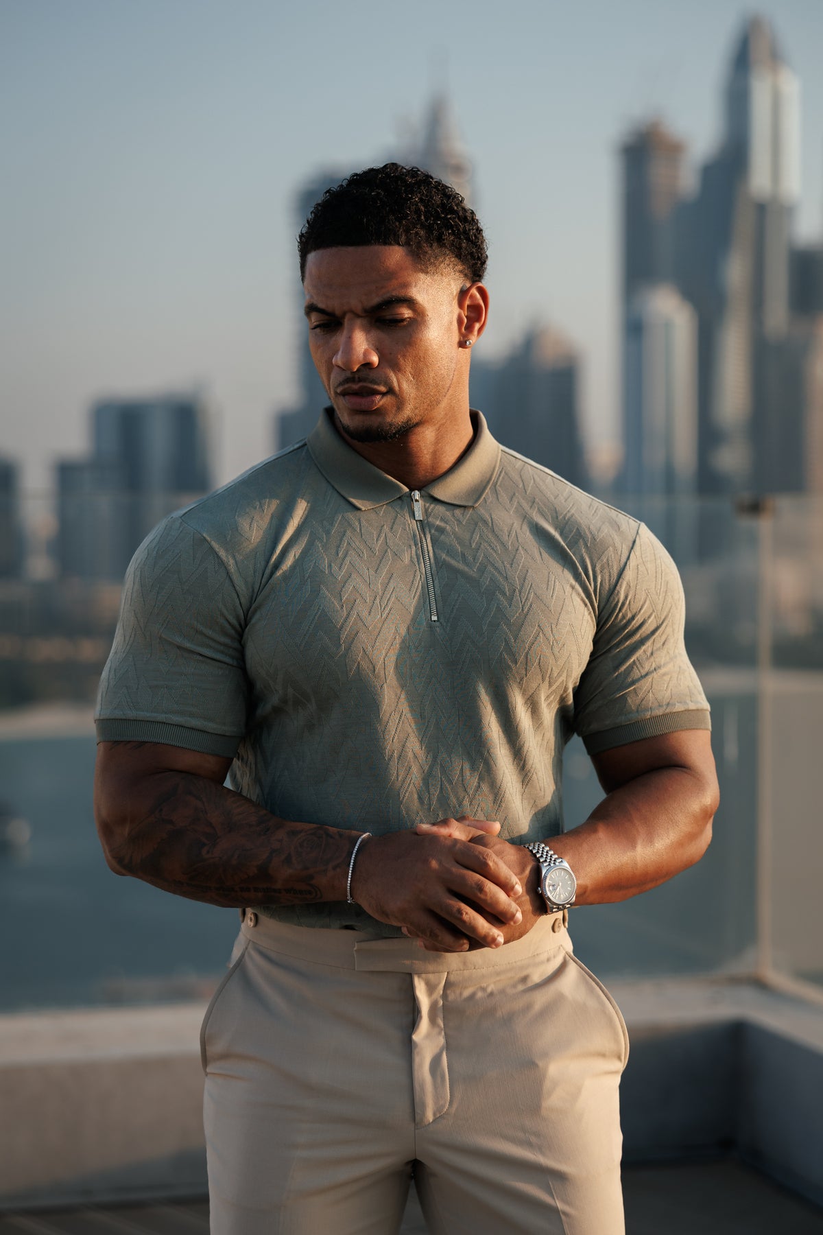 Classic Jacquard Olive Chevron Zipped Polo - FSR060