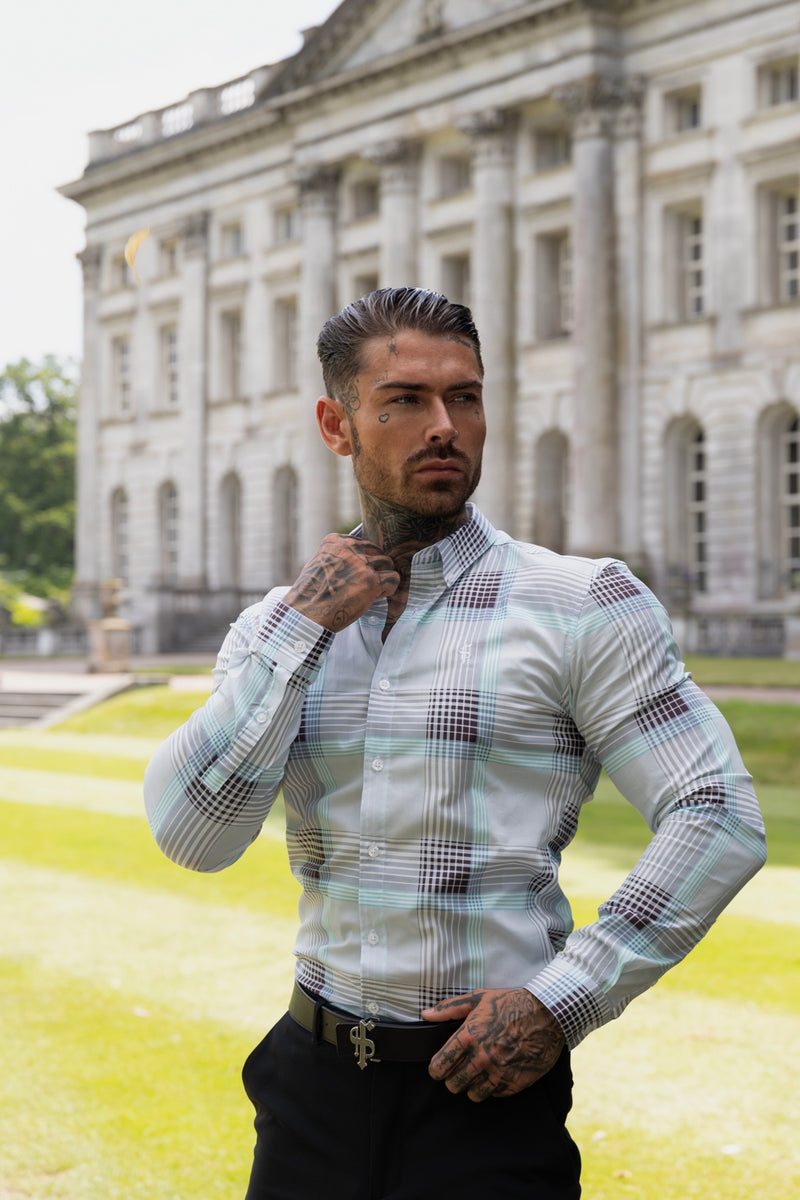 Father Sons Super Slim Stretch Aqua Check Print Long Sleeve with Button Down Collar - FS914