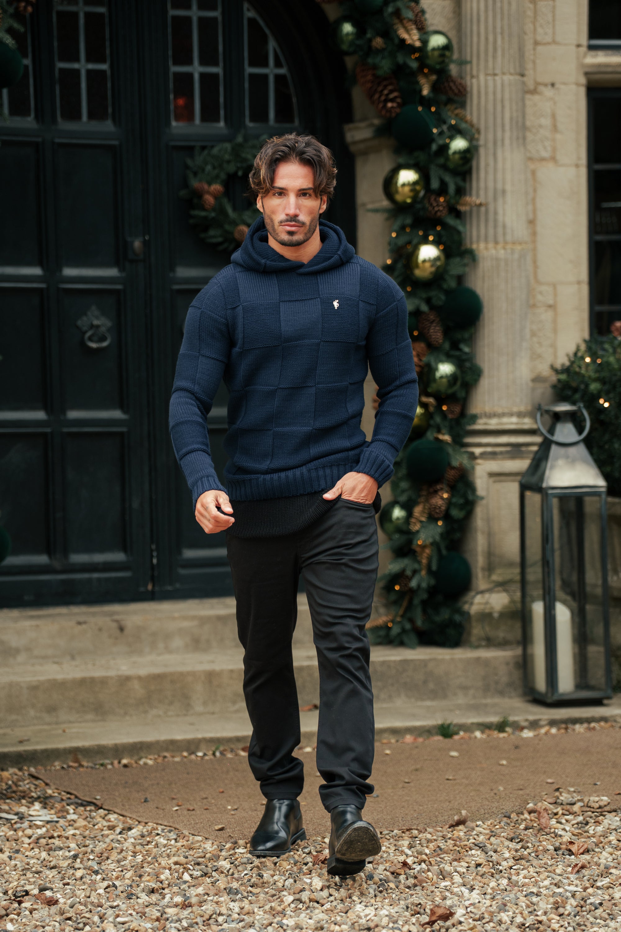 Navy Checkerboard Knitted Hoodie - FSJ138