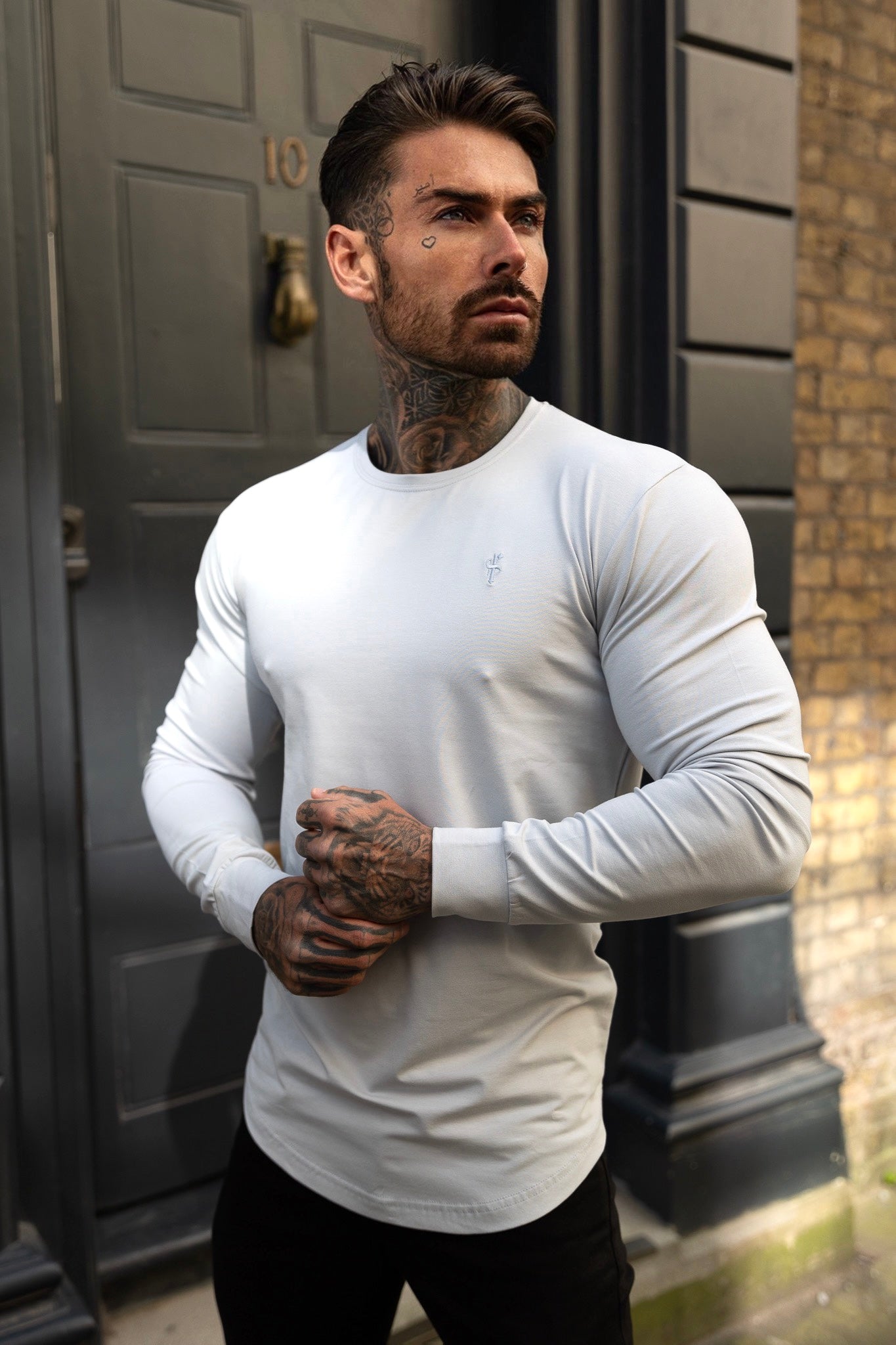 Classic Grey Tonal Curved Hem Long Sleeve Crew T Shirt - FSH998