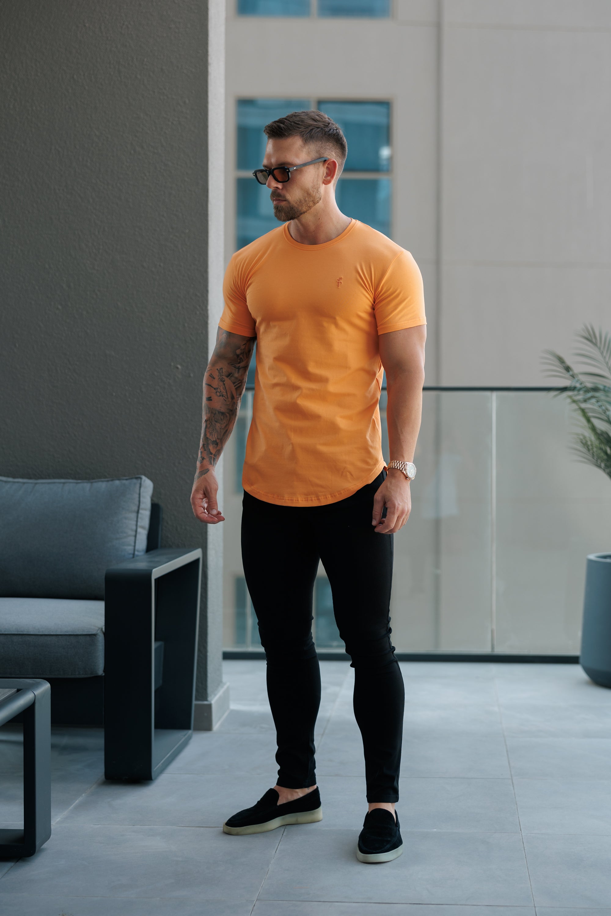 Classic Orange Tonal Curved Hem Crew T Shirt - FSH1152