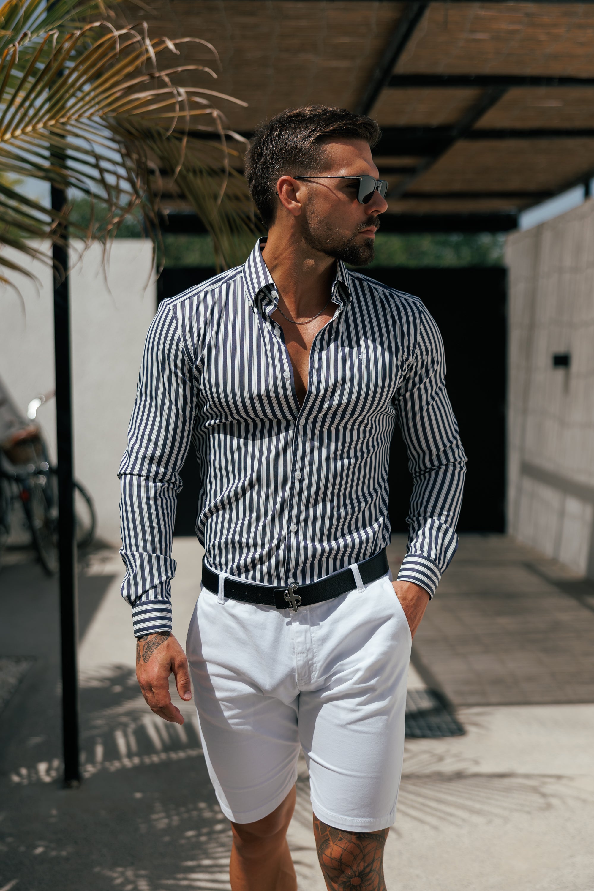 Super Slim Stretch Sateen Touch White / Navy Double Stripe Long Sleeve  -  FS1287 (PRE ORDER 28TH AUGUST)