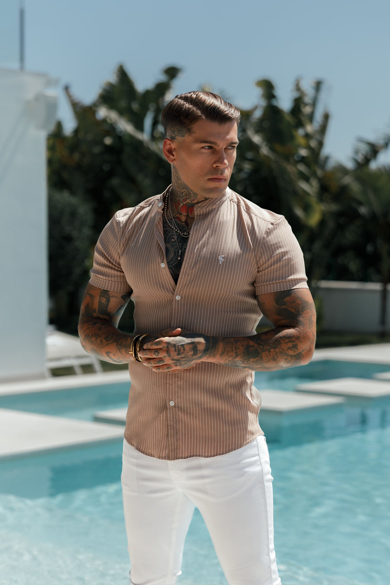 Father Sons Super Slim Stretch Taupe Printed Pinstripe Short Sleeve with Grandad Collar - FS1058