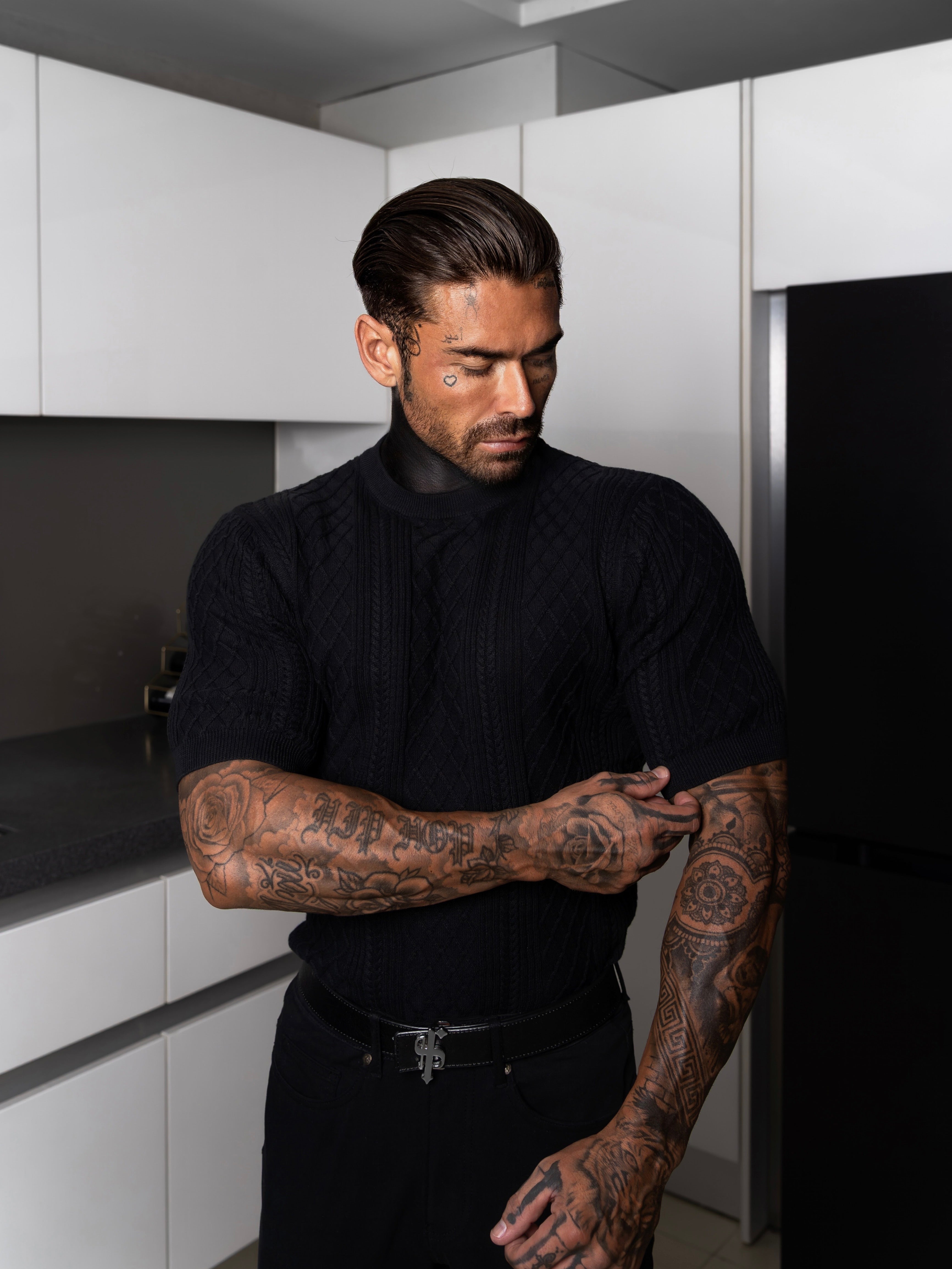 Fine Knit Diamond Black Jumper Short Sleeve - FSA010