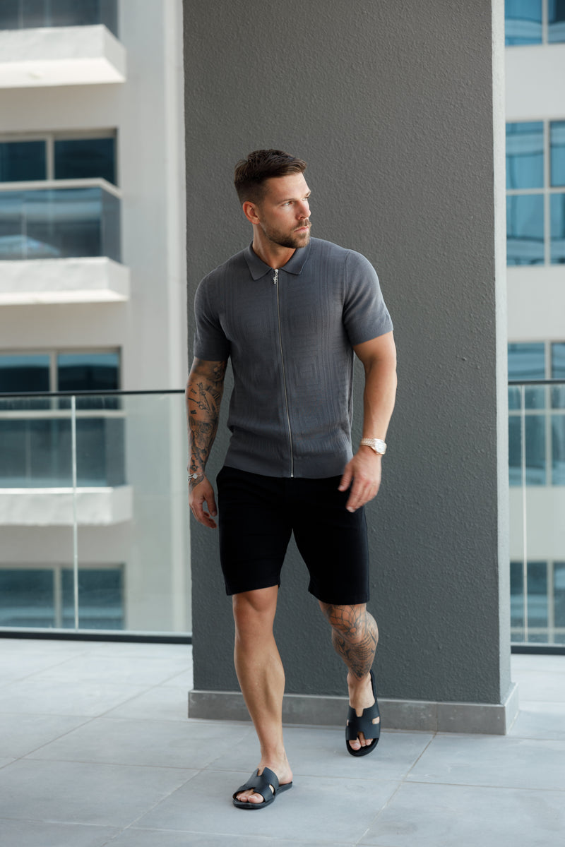 Father Sons Classic Knitted Geo Design With Full Length Zip Gunmetal Short Sleeve - FSN150
