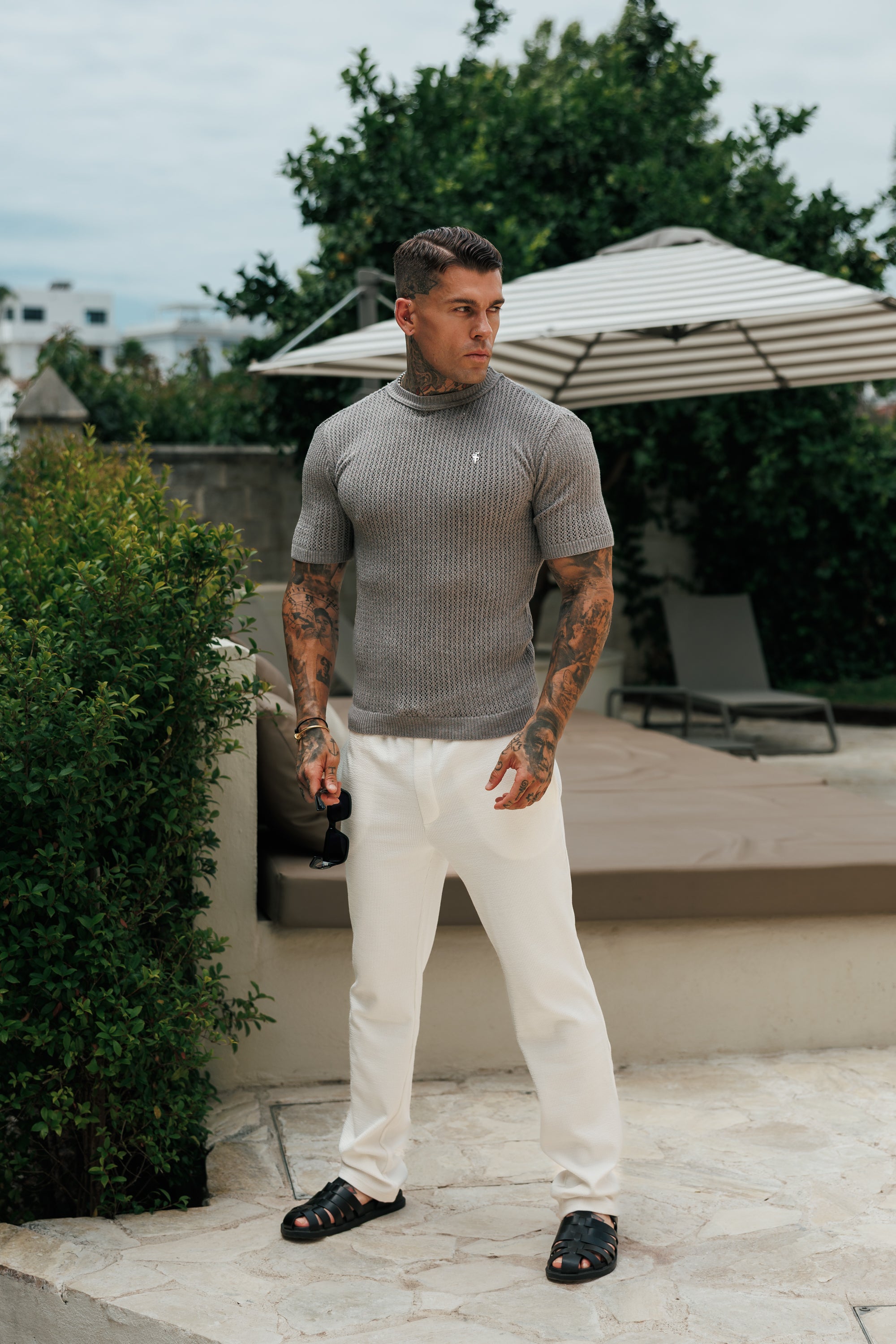 Light Grey Crochet Viscose Plain Knitted Short Sleeve T-Shirt - FSJ190 (PRE ORDER 12TH AUGUST)