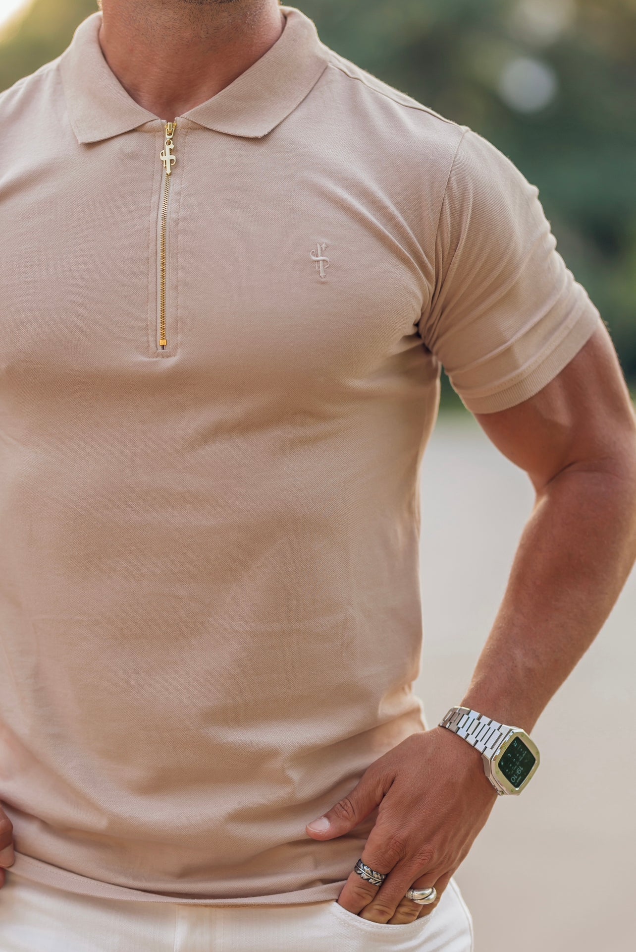 Classic Beige and Gold Zipped Polo Shirt - FSH811