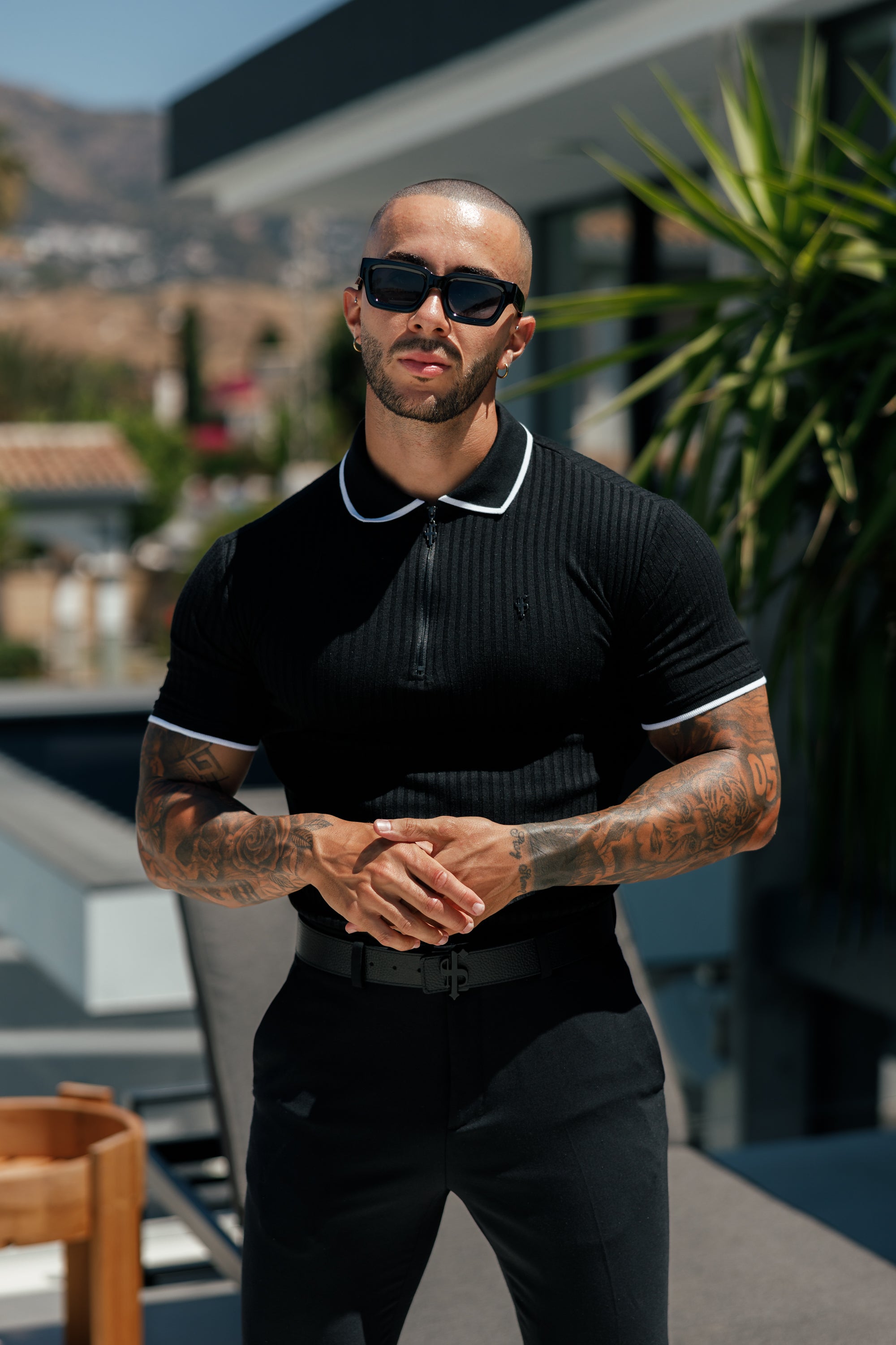 Classic Black Ribbed Zip Polo with Contrast Short Sleeve