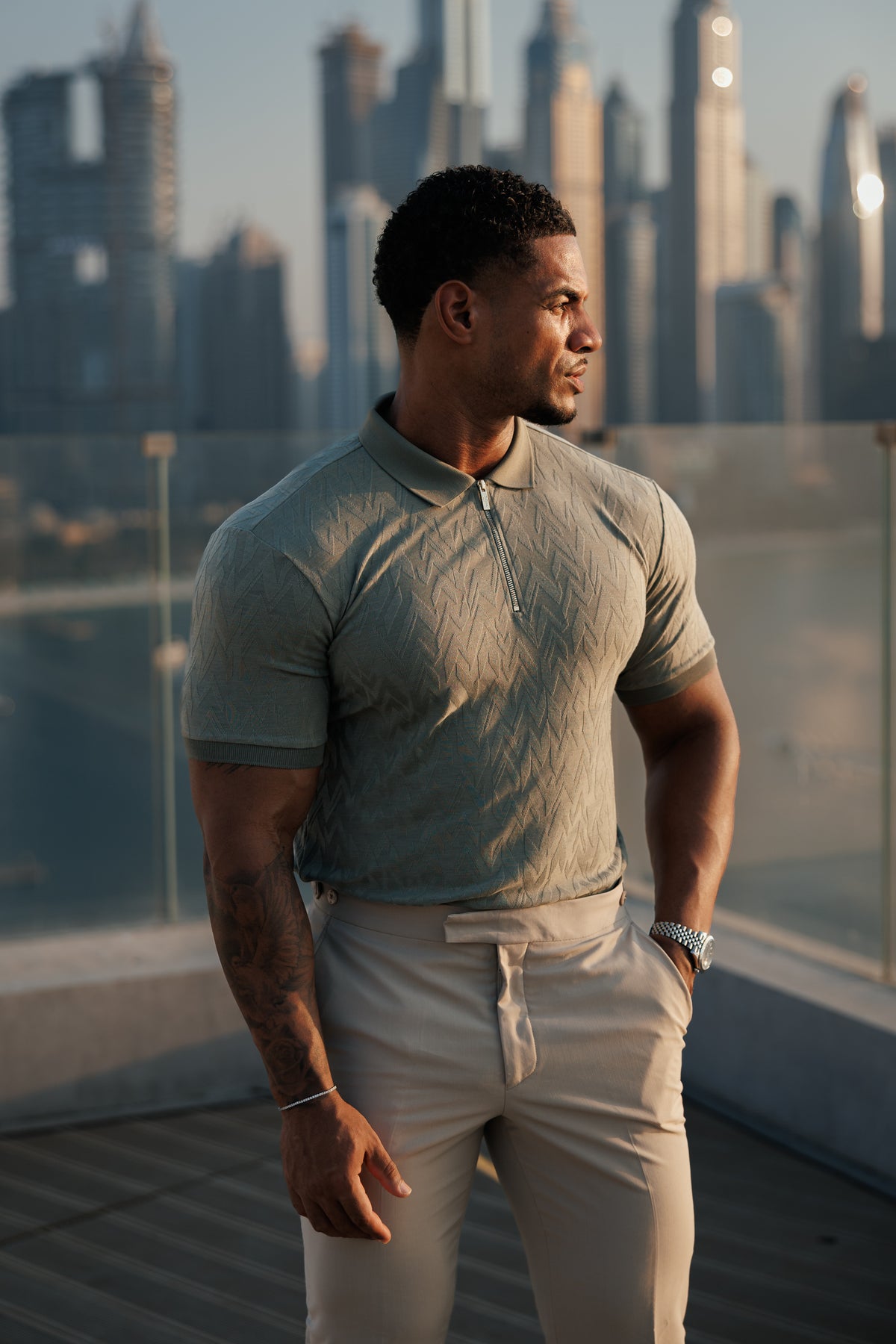 Classic Jacquard Olive Chevron Zipped Polo - FSR060