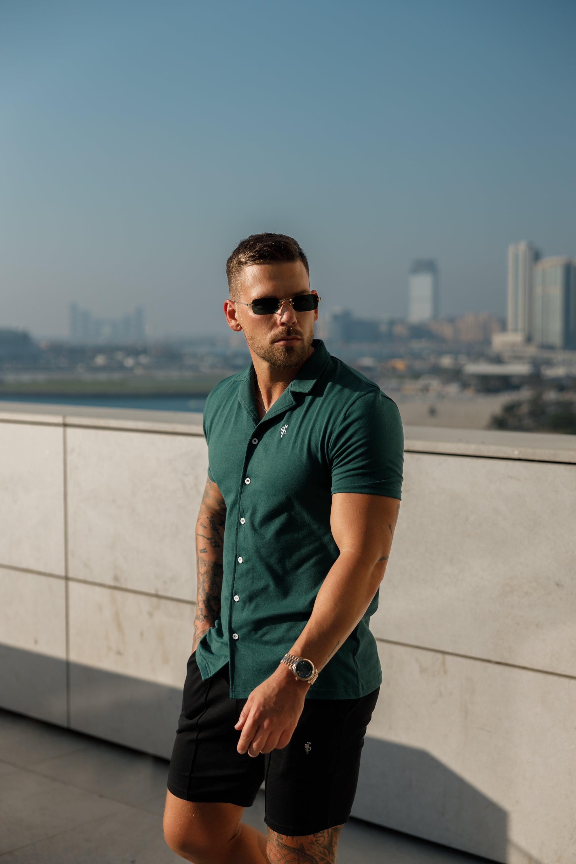 Stretch Green Pique Revere Shirt Short Sleeve - FSH1076