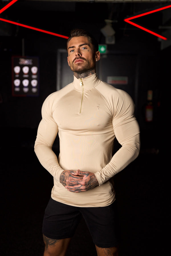 Father Sons Long Sleeve Beige / Gold Half Zip Gym Top - FSH892