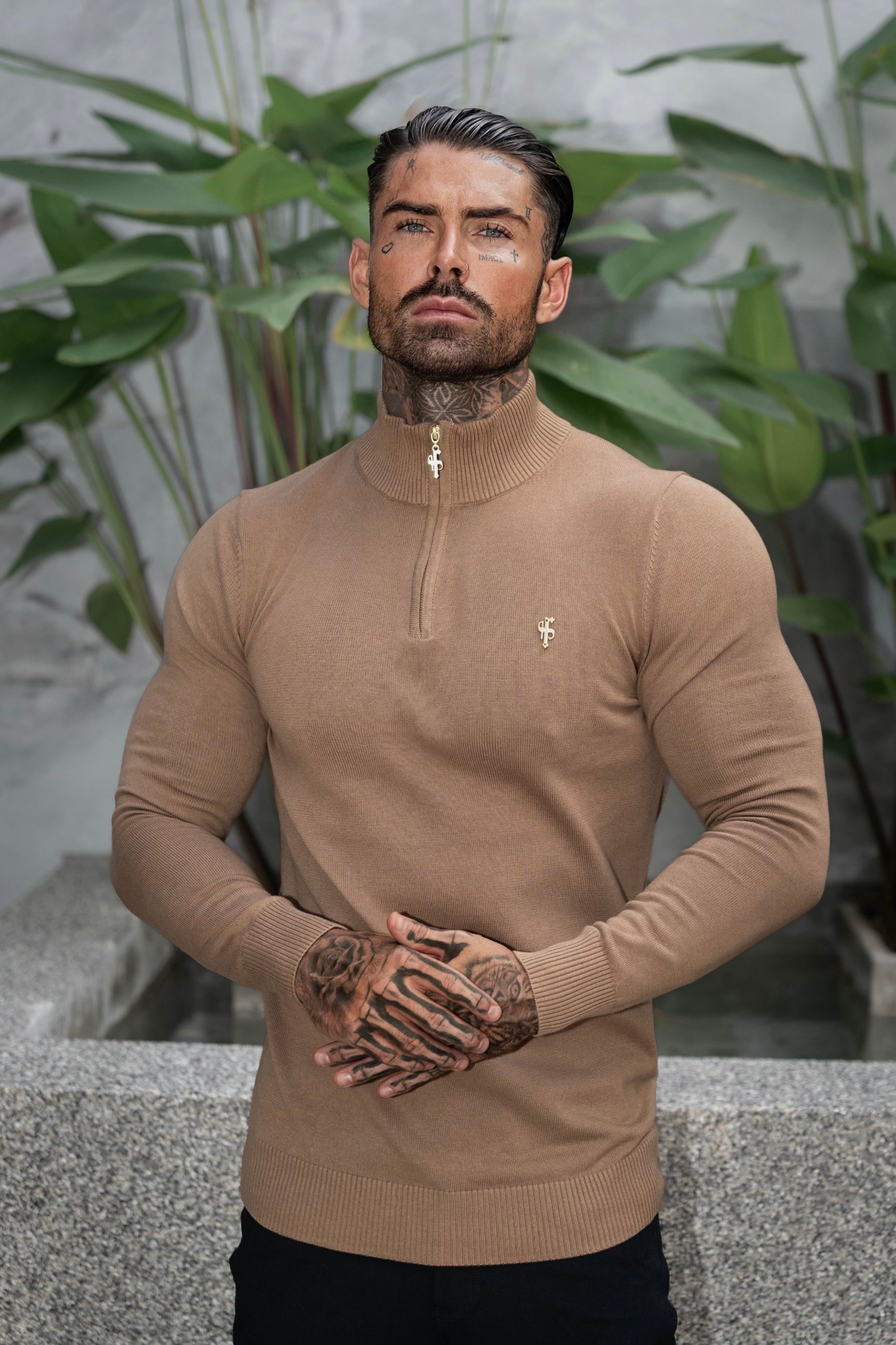 Camel Funnel Neck Knitted Jumper With FS Branding - FSN187