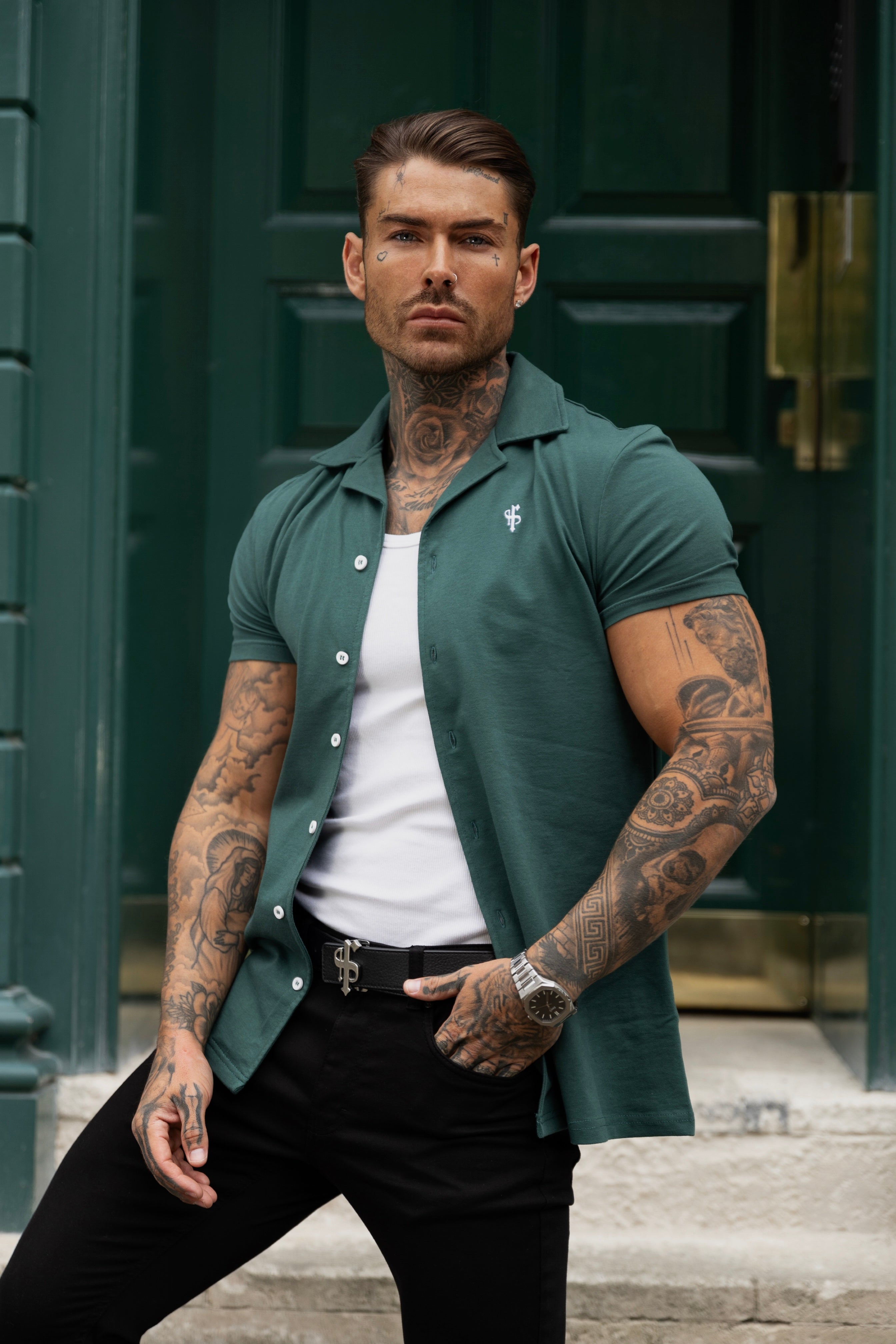 Stretch Green Pique Revere Shirt Short Sleeve - FSH1076