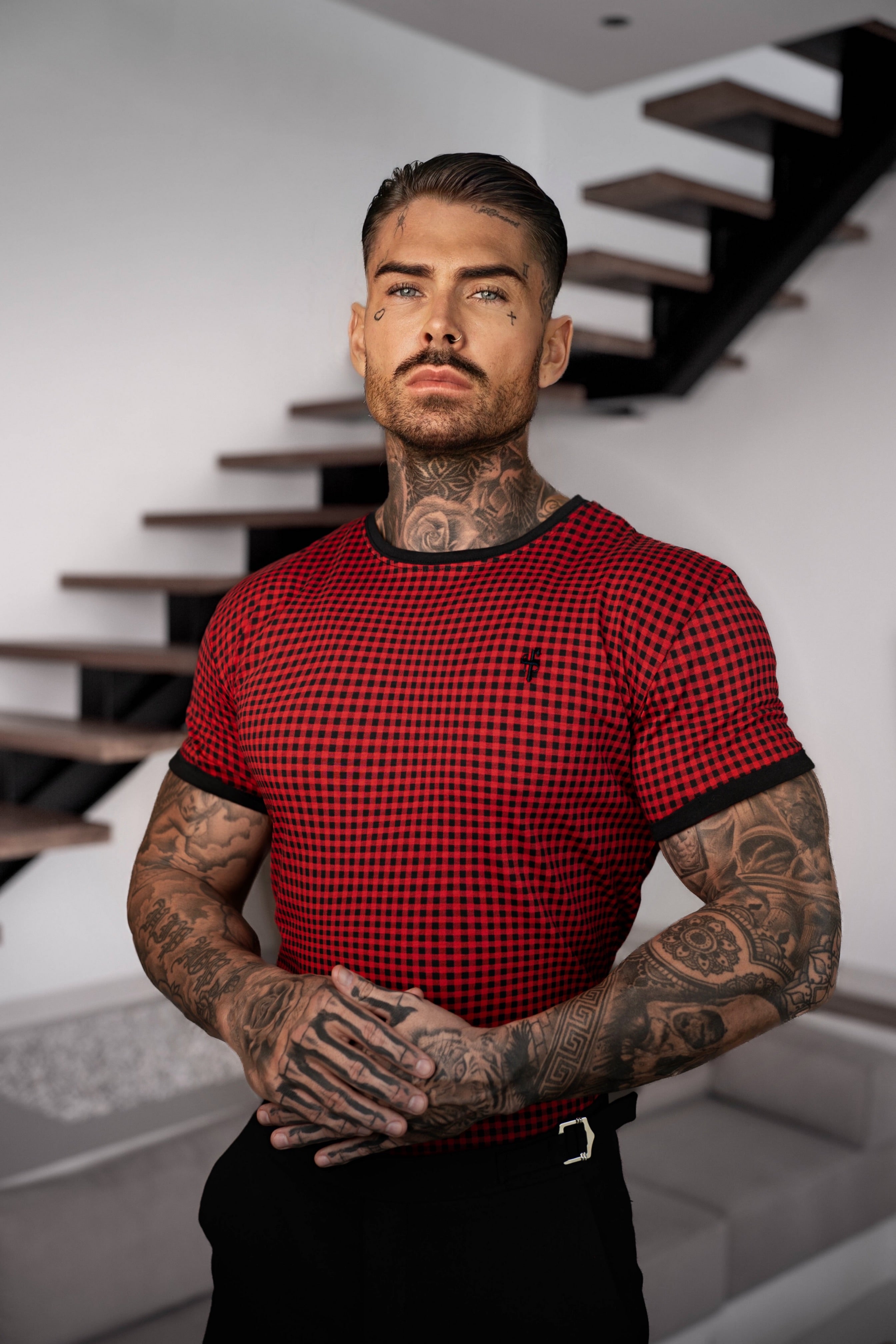 Printed Black / Red Check Fitted T Shirt - FSH1237