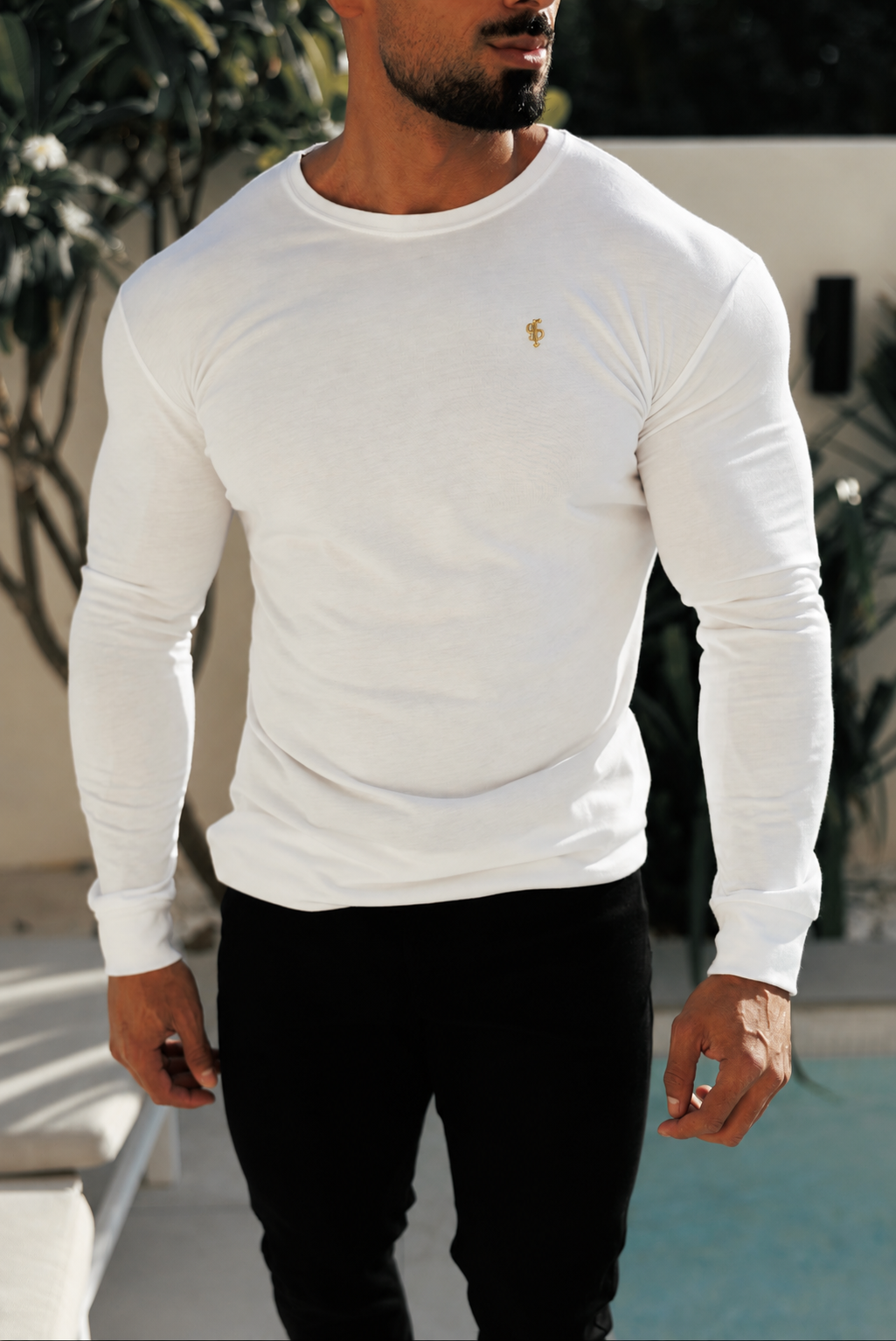 White / Gold Bamboo Crew T-Shirt Long Sleeve - FSH1679 (PRE ORDER 30TH OCTOBER)