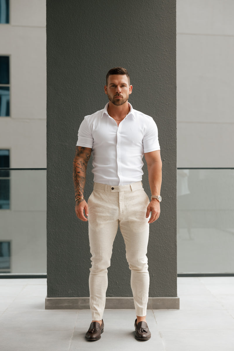 Father Sons Slim Formal Cream Linen Trousers With Belt Loops - FST019