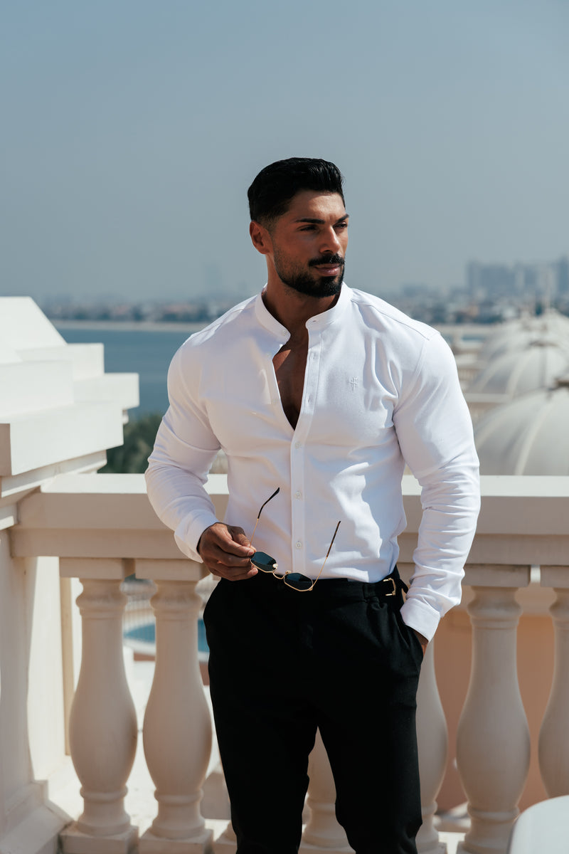 FS Super Slim Scuba White Long Sleeve Stretch with Grandad Collar - FS1170